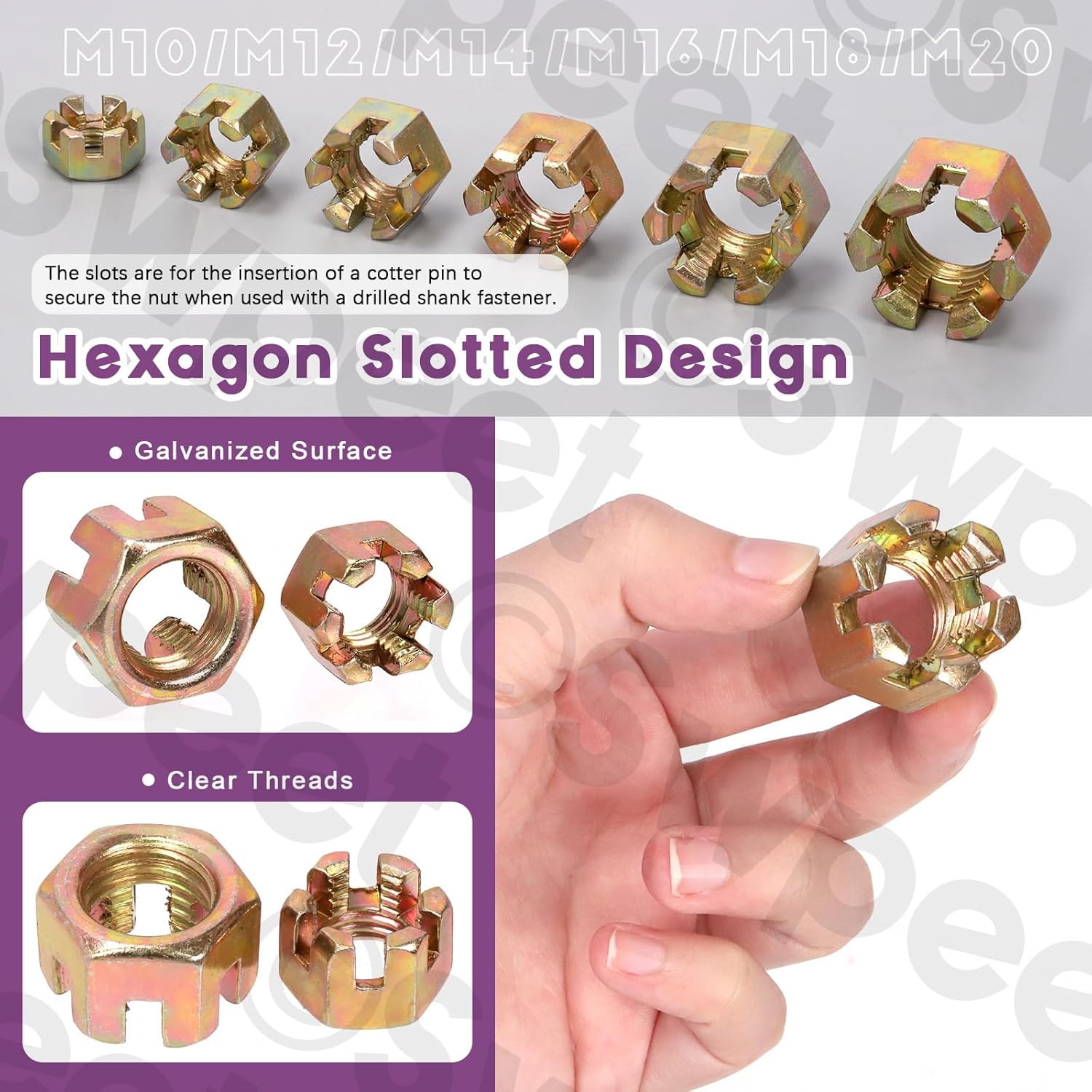 Swpeet 60Pcs 6 Sizes Color Zinc Grade 4.8 Carbon Steel M10 M12 M14 M16 M18 Hexagon Slotted Nuts Assortment Kit, Hex Castle Nuts Hex Nuts for Moto Car Furniture Fasteners Repair image number 1