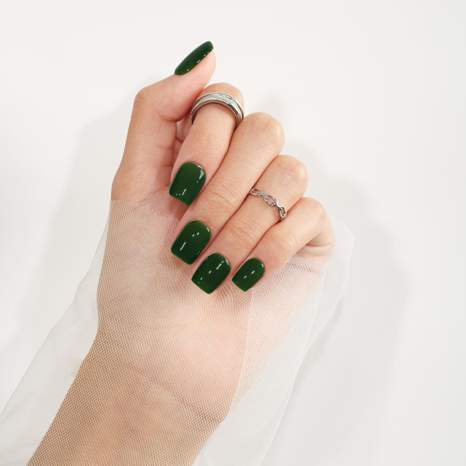 Kqueenest Dark Green Press on Nails Short Square, Short False Nails with Glue, Glossy Solid Emerald Green Fake Nails Set, Natural Fit, Reusable Small Gel Stick on Nail for Women Decoration 24 Pcs image number 1