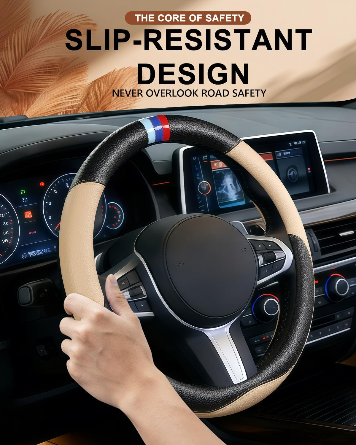 OHHMNKK Customized Auto Car Steering Wheel Cover for BMW X1,X2,X3,X4,X5,X6,X7,I3,I4,I5,14.5-15 Inch (Beige)