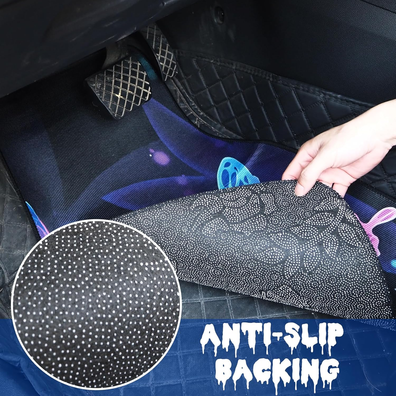 Automotive Floor Mats, Universal Fit All Weather Car Carpet Full Set, Halloween Skeletons Skull Butterfly Bats Printed Floor Mats Rugs Decor for Sedan, Suvs, Truck, Vans (Purple-Butterfly) - Blue-Skull image number 2