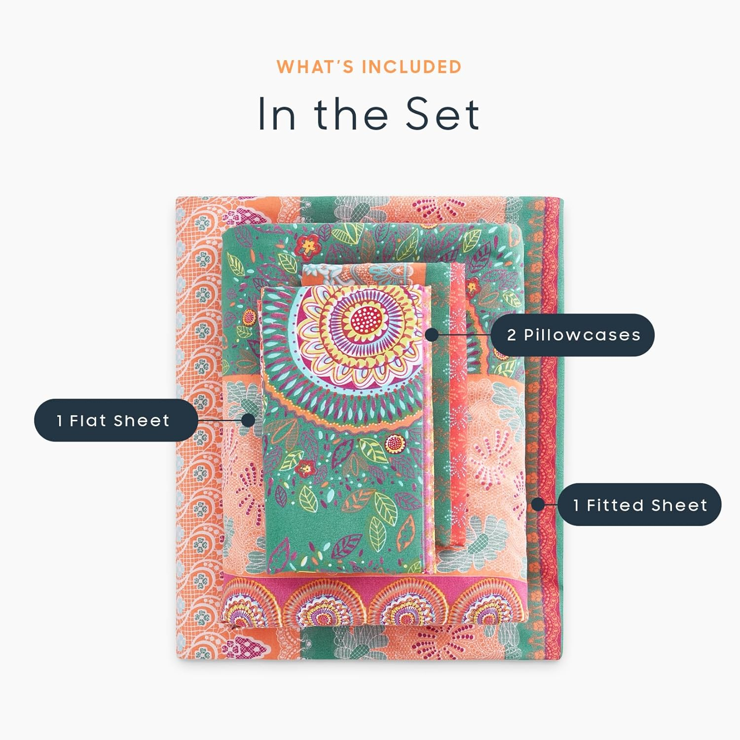 Wake in Cloud - Boho Bed Sheets Set, Soft Microfiber Bohemian Mandala Pattern Printed Bedding, Extra Deep Fitted Sheet & Flat Sheet & 2 Pillowcases, 4 Pieces, Orange Coral, Queen Size image number 6