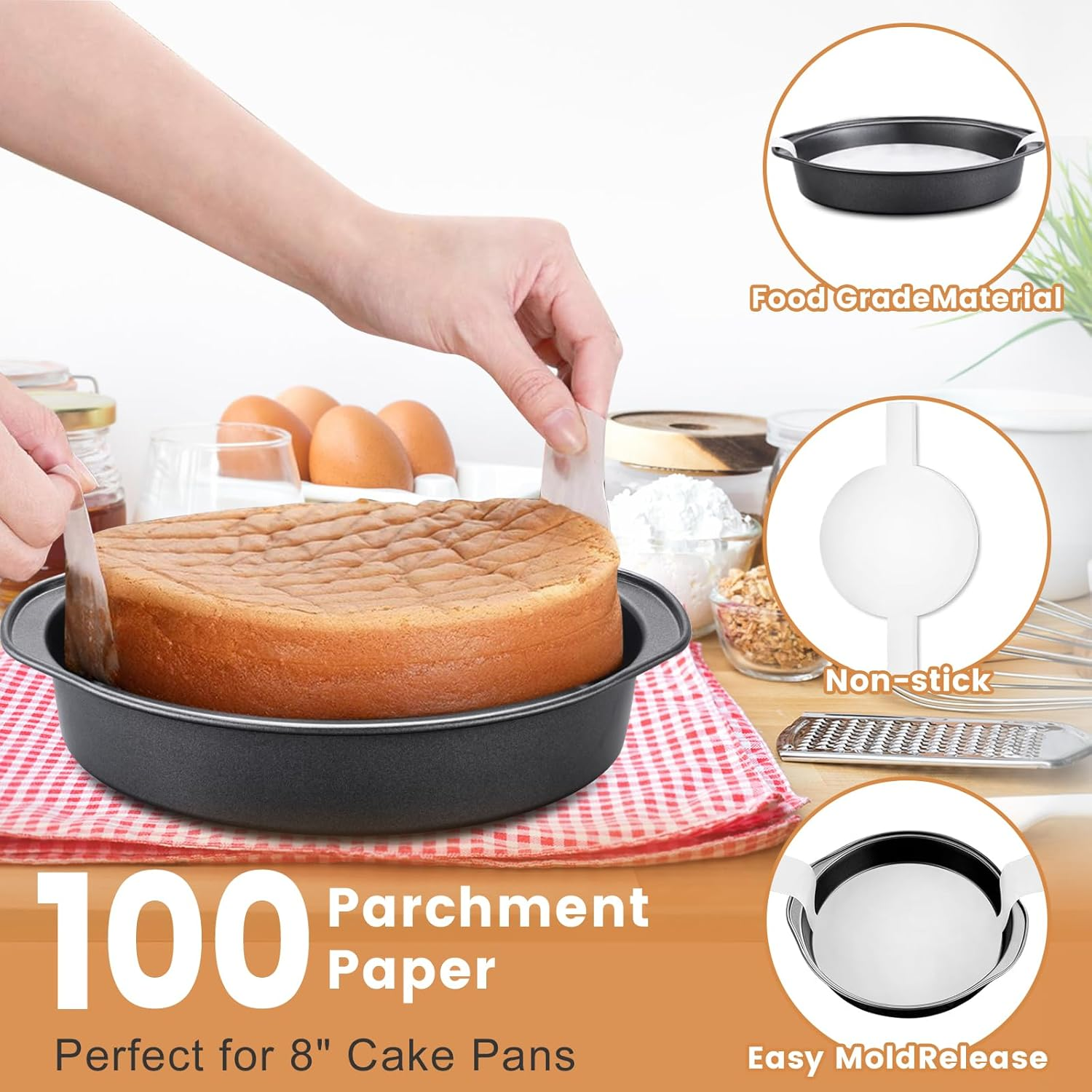 BEWOS 8 Inch round Cake Tin Set of 3 - Heavy Duty Carbon Steel Cake Pan with Handles, Non-Stick, Oven & Dishwasher Safe, Includes 100 Parchment Papers for Easy Release image number 1