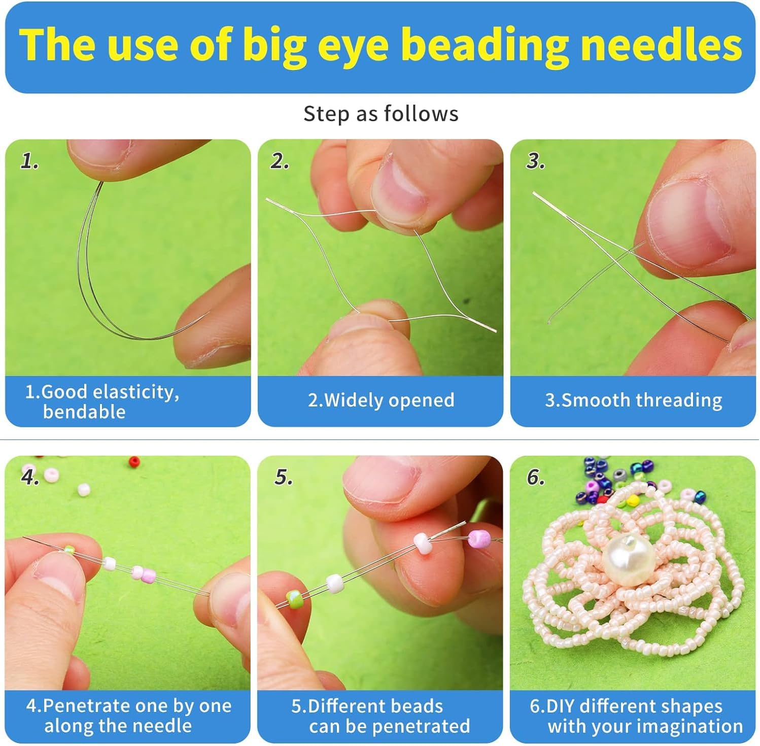 Paifeancodill Big Eye Beading Needles, 5 Pcs Seed Beads Needles, 1 Pcs Scissors, Easy Threading Tool for Bracelet Jewelry Making Seed Beads DIY, Crystal Cord for Jewelry Making & Beading Supplies(6 Pcs) image number 1