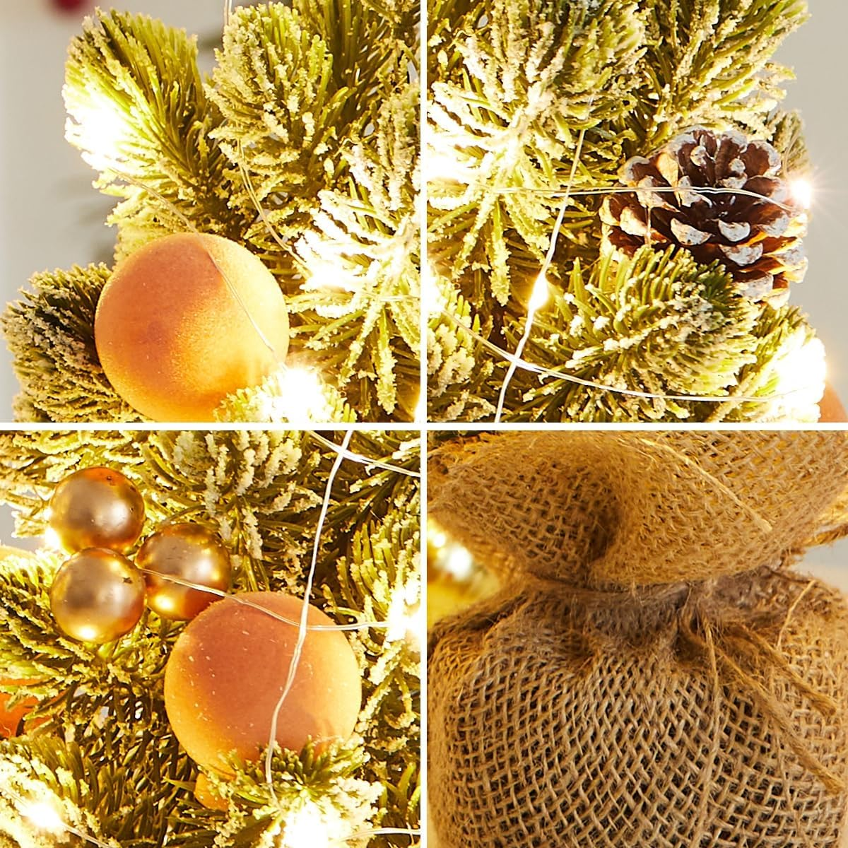 Burlap Small Christmas Tree Decor with Lights - Mini Tabletop Artificial Tree Centerpiece Christmas Gift Indoor Home Office Desk Holiday Decorations(Gold Ornament) image number 2