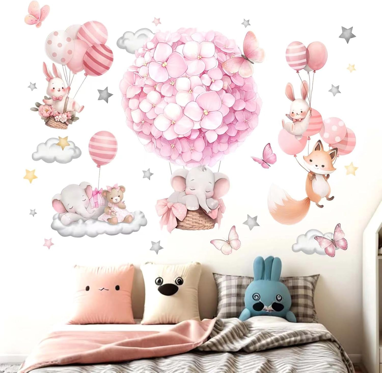 Amimagen Animals Hot Air Balloon Wall Stickers - Elephant Bear Fox Wall Decals - Girls Bedroom Baby Nursery Kids Room Wall Decor image number 2