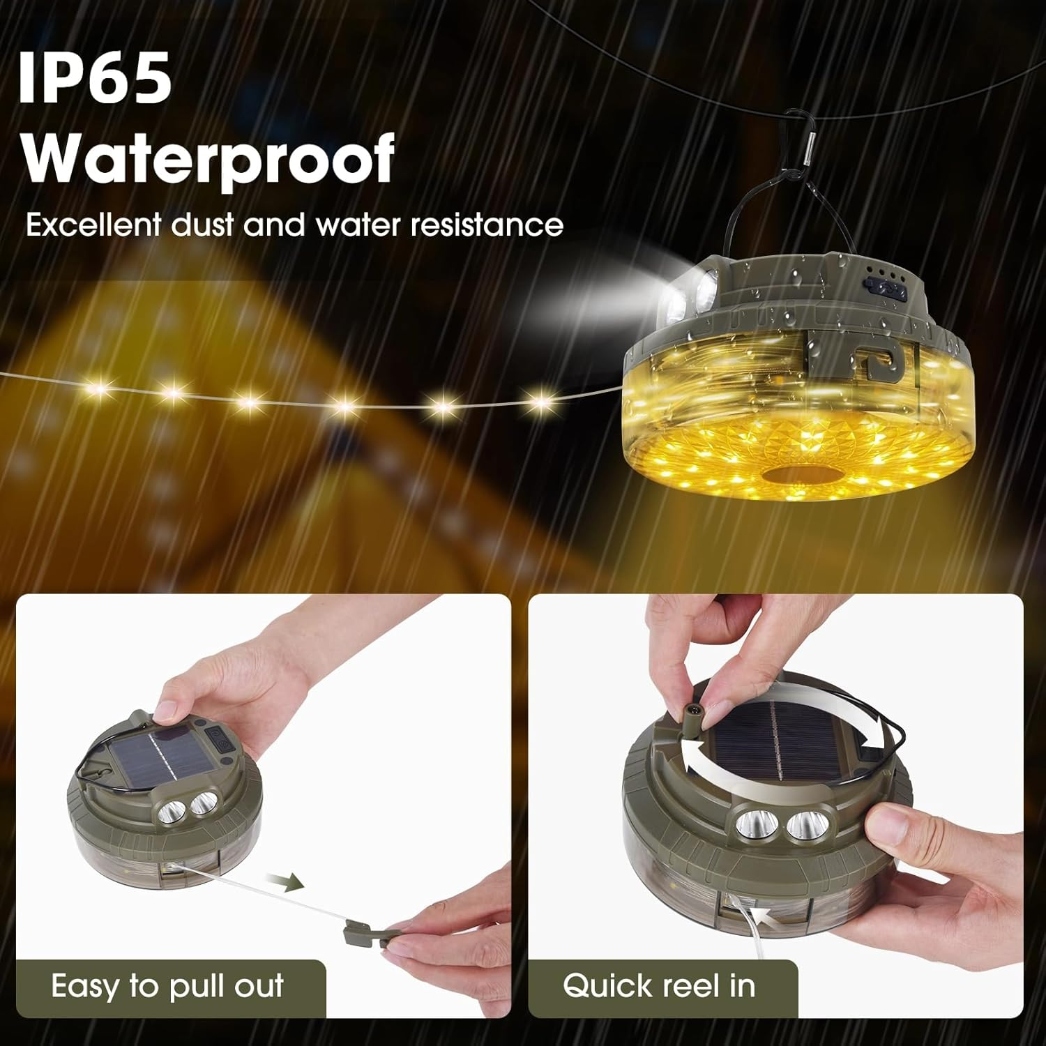 Solar Camping String Lights Outdoor, Portable Outdoor Waterproof Retractable,20M 3000Mah 4 in 1 Camp Light with 9 Modes, Solar&Usb Rechargeable Tent Lights,For Camping,Hiking, Yard,Rv image number 2