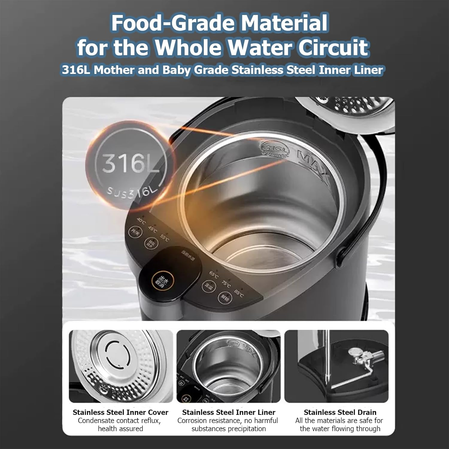 MIDEA Hot Water Dispenser, 5L 316 Stainless Electric Hot Water Dispenser W/Digital Display & Child Lock, Adjustable 6 Temperatures Water Boiler and Warmer for Tea, Coffee and Baby Formula, 1600W image number 3