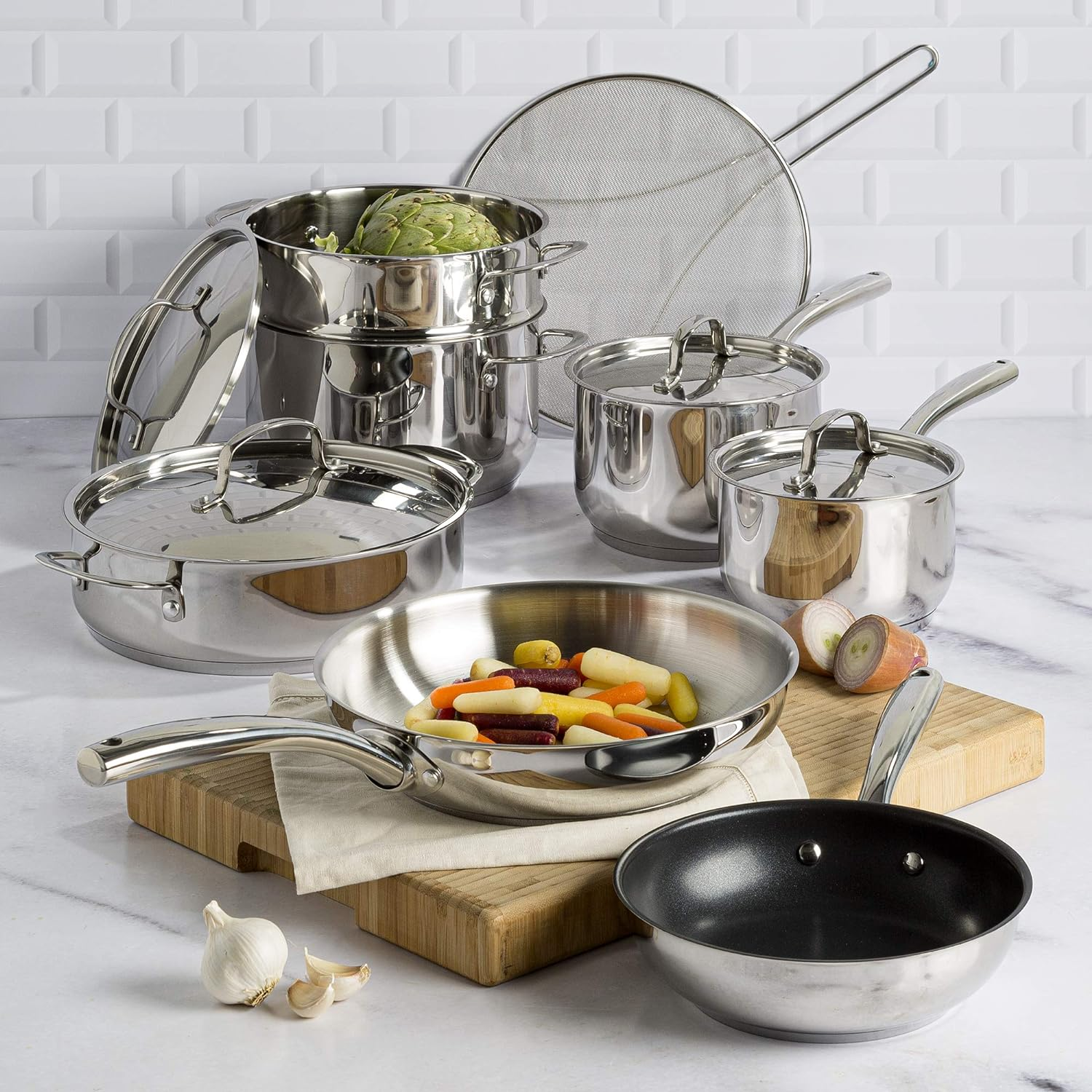 Goodful 12-Piece Classic Stainless Steel Cookware Set with Tri-Ply Base for Even Heating, Durable, Impact Bonded Pots and Pans, Dishwasher Safe Includes Non Stick Frying Pan, Chrome image number 5