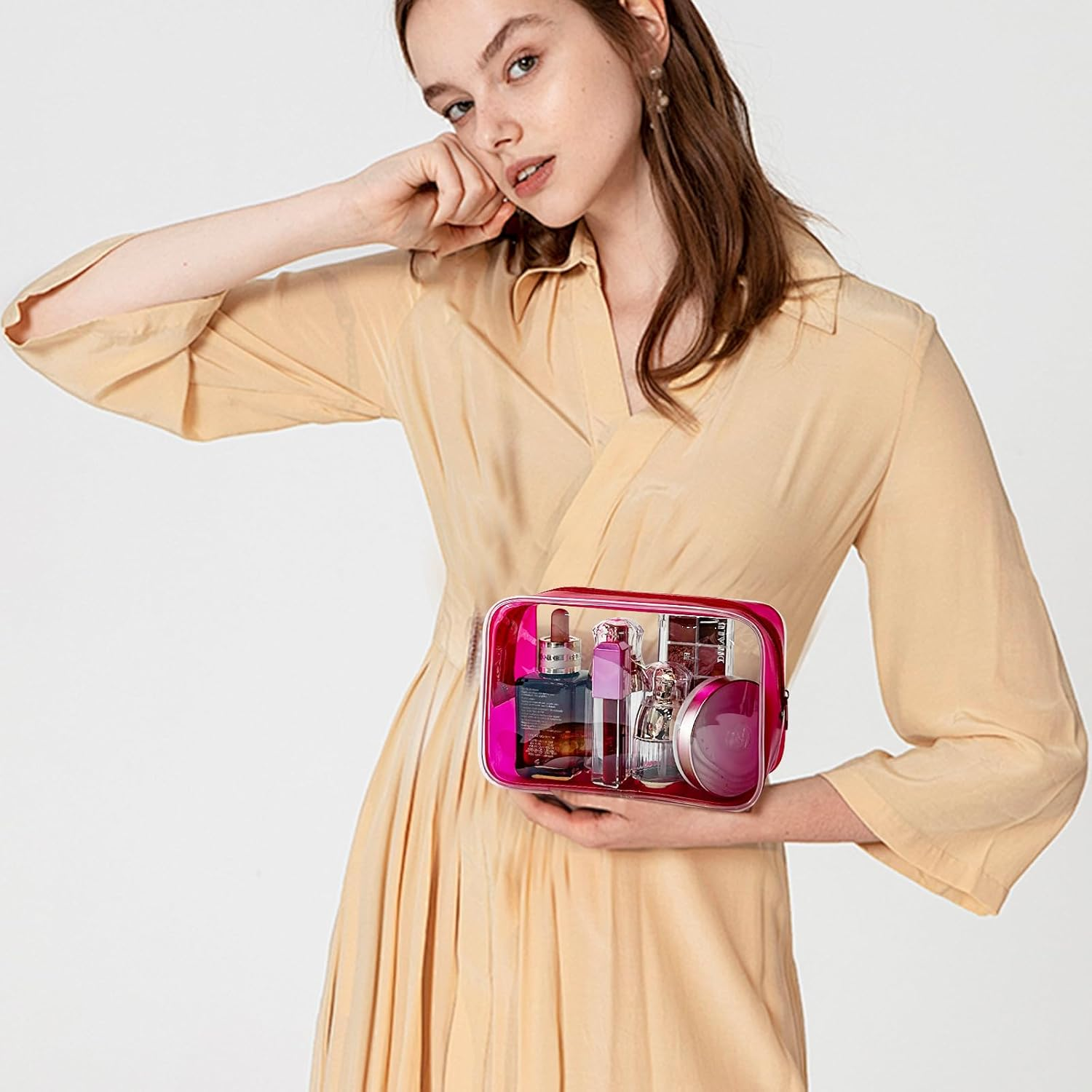 Toteprint Waterproof Cosmetic Bag with Zip Transparent with Coloured Frame Travel (18 X 12 X 6 Cm) - for Men and Women, Red, Modern