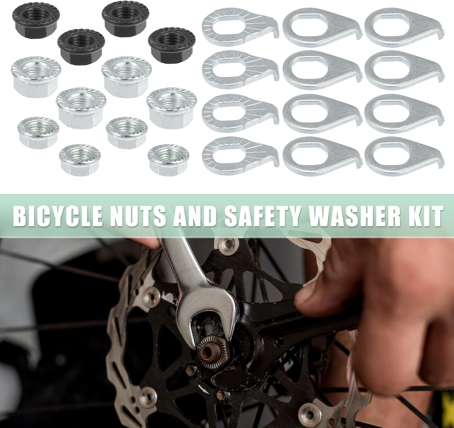 Uxcell 1 Set Bicycle Nuts and Bicycle Safety Washer Kit M8/M9.5/M10 Bicycle Nut with M8/M10 Bike Safety Washer for Front Rear Mountain Bike Wheel Axle