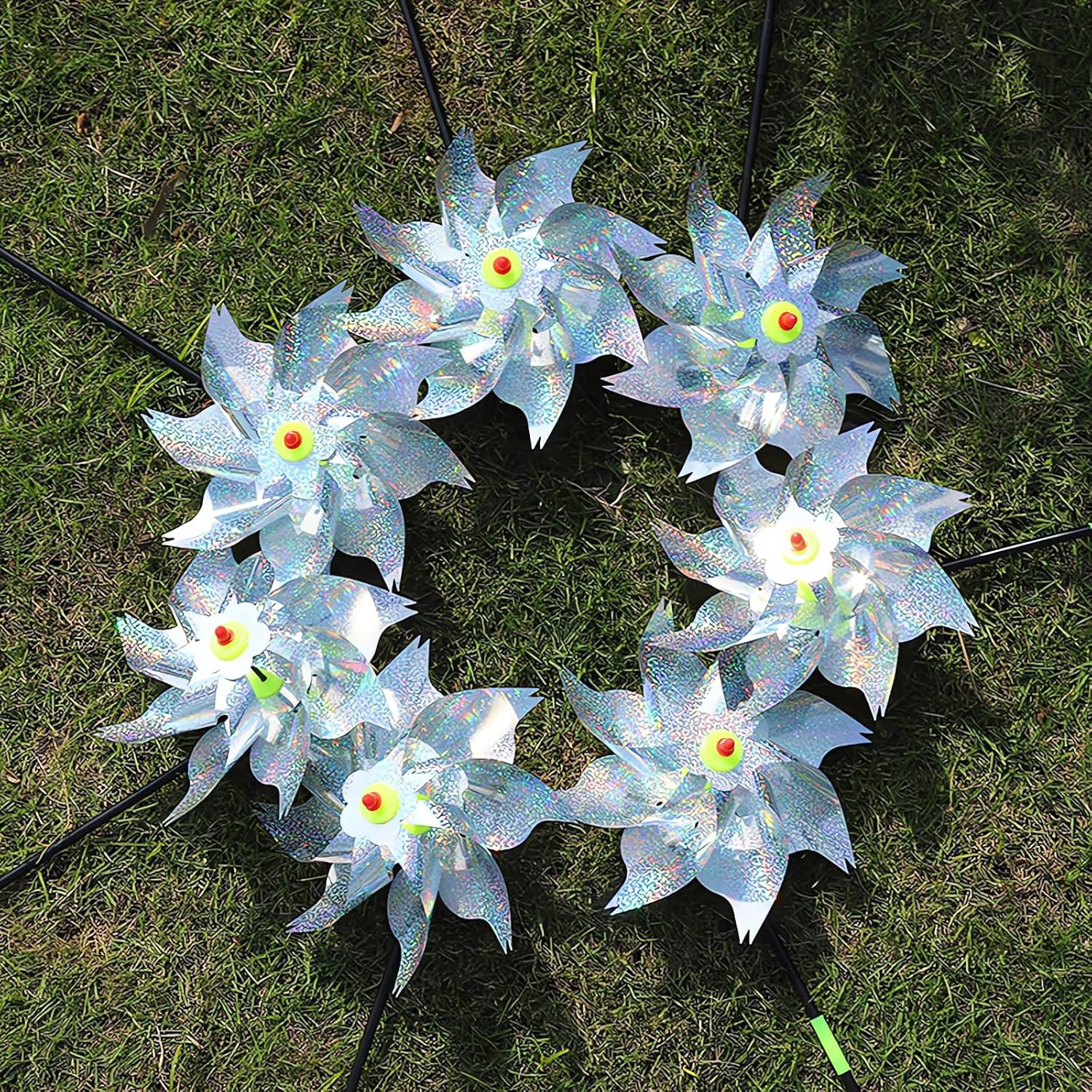 Bird Blinder Repellent Pinwheels - 10 Pack Reflective Pinwheels with Stakes, Extra Sparkly Pinwheel for Garden Decor, Bird Devices Deterrent to Scare Birds Away from Yard Patio Farm image number 6
