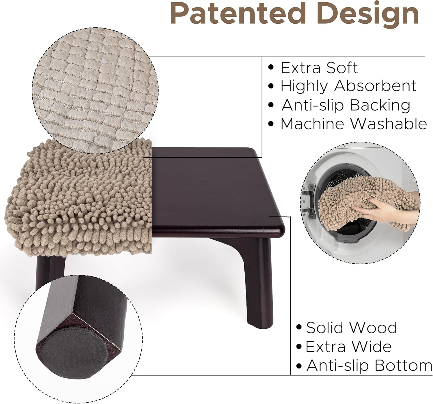 Sunlit One Step Stool with Absorbent Chenille, Stool Holds up to 550 Lbs, Non-Slip Wood Foot Stool, Wooden Step Stool for Adults, Step Stools for Kids, Kitchen Bathroom Bedroom, Taupe image number 2