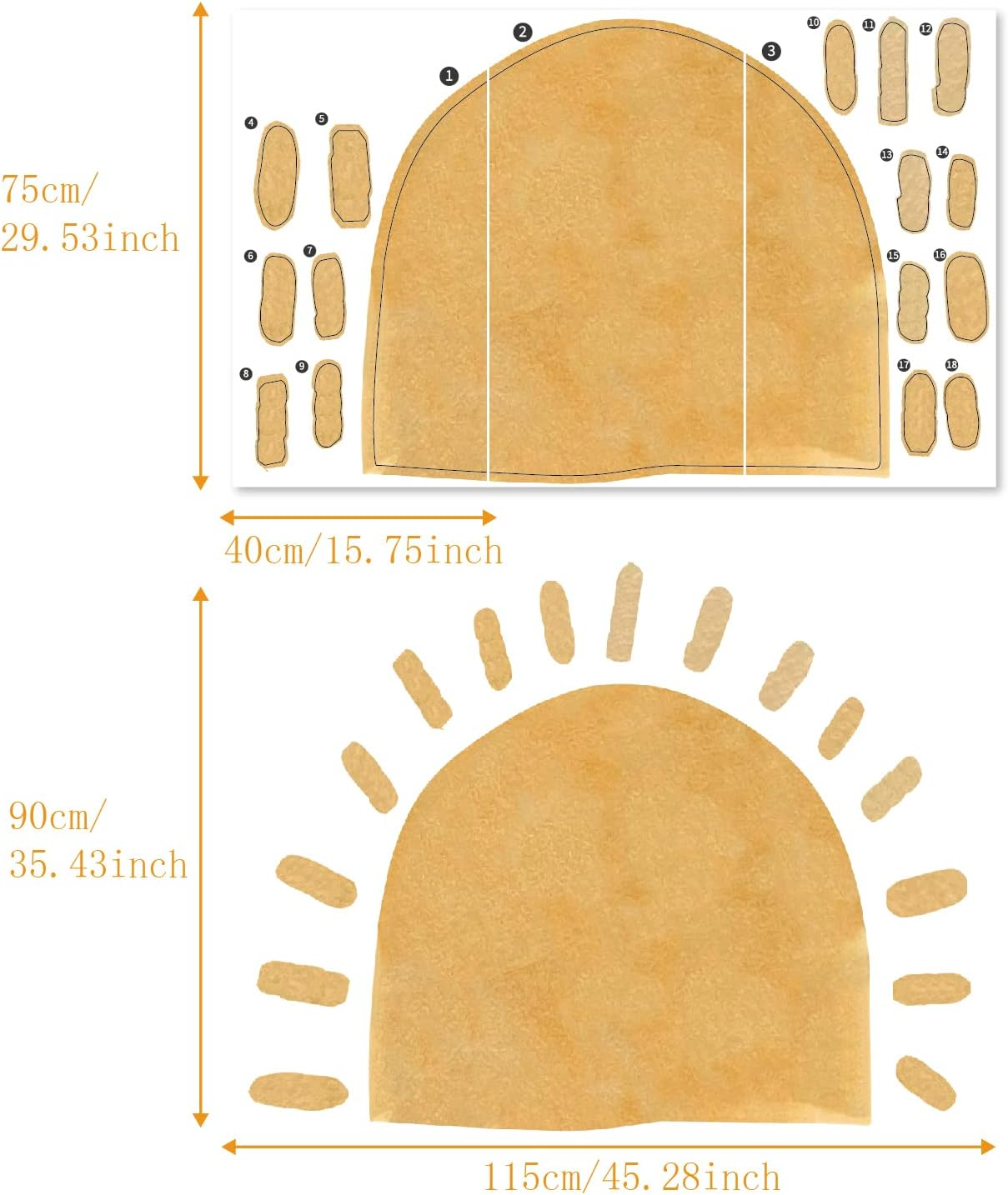 Large Fabric Watercolor Boho Half Sun Wall Decals Peel and Stick, Pastel Sunrise Wall Murals Stickers, Sunshine Wall Arch Art Decor for Kids Room Playroom Nursery Bedroom, 45.28" X 35.43"