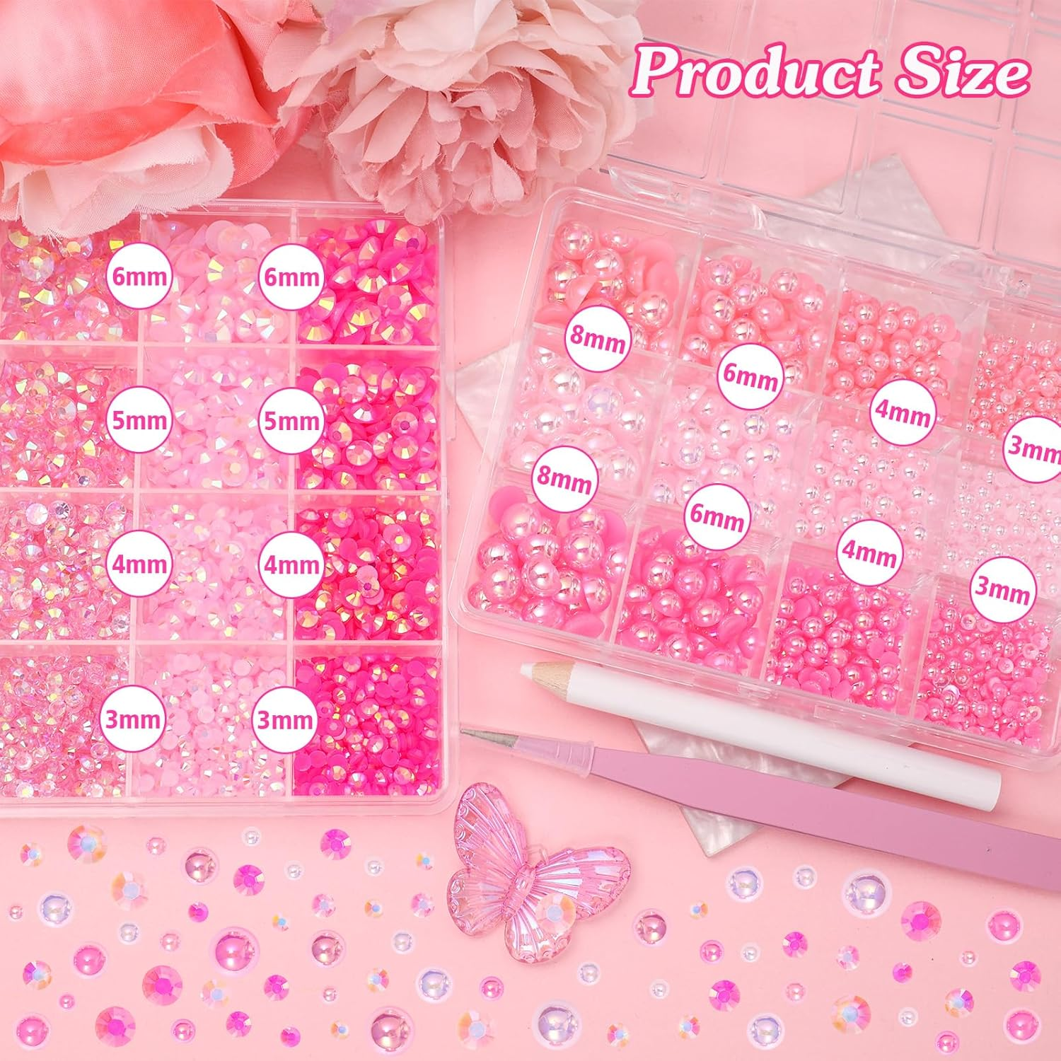 2 Boxes Pink Color Flatback Pearls and Resin Rhinestones for Crafting, 3-6 Mm Jelly Rhinestones, Mixed Size Half Pearl Bedazzling Gems for Nail DIY Crafts Mugs Bottles Tumblers Clothes Makeup image number 1