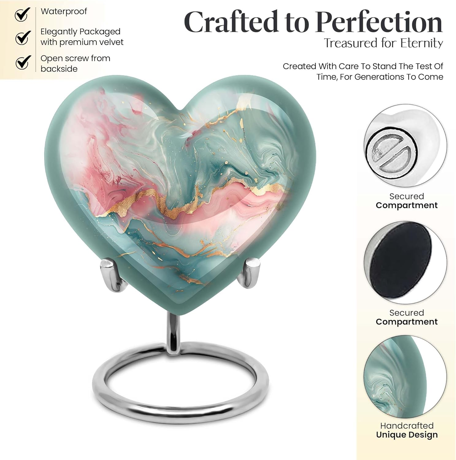 PARUHAS Light Green & Golden Marble Urn - Urn for Ashes Adult Male - Burial Urns for Human Ashes - Urn for Ashes for Women - Urns for Ashes - Ash Urns - Decorative Urn - Large Urn - Heart Urn 10" image number 6