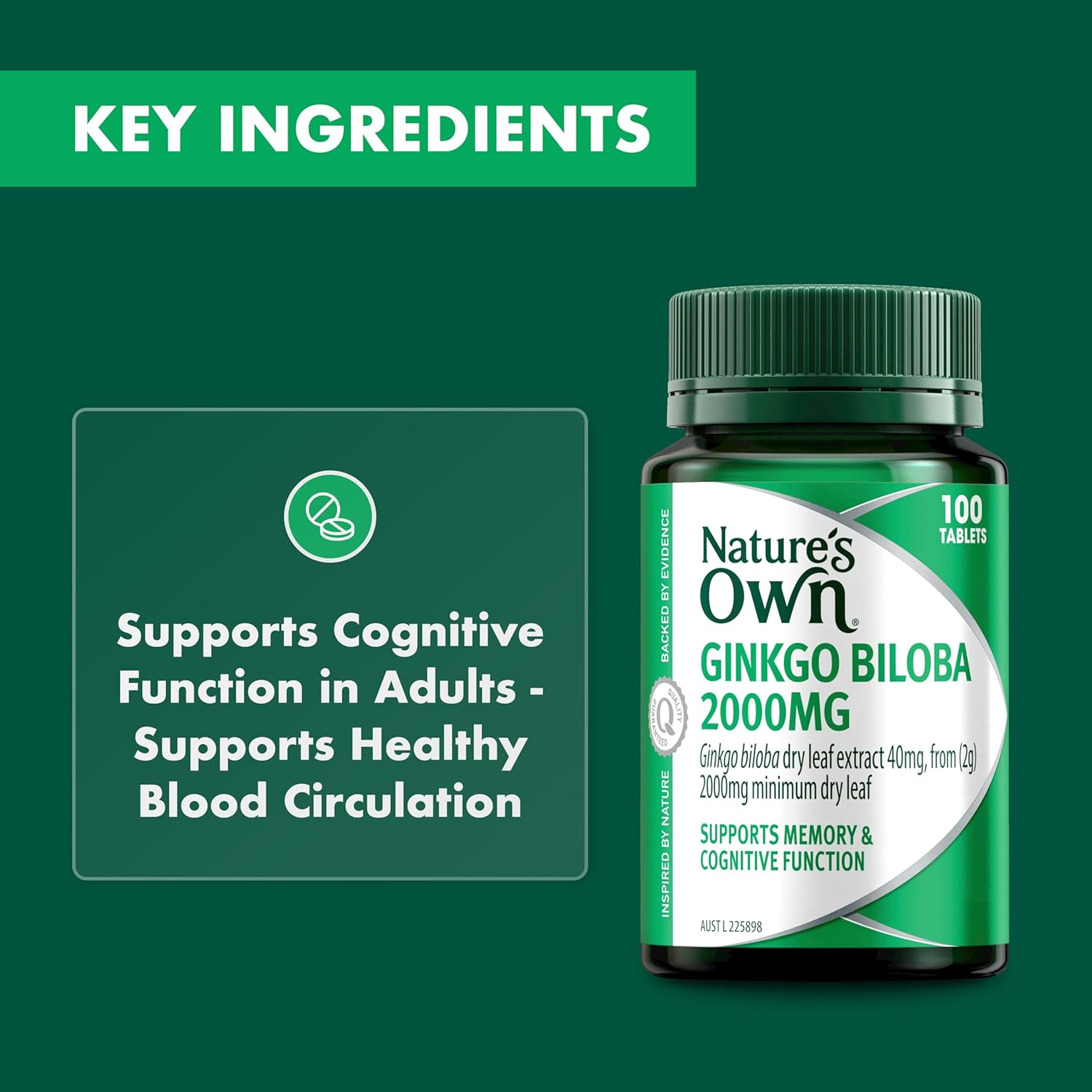 Nature'S Own Ginkgo Biloba 2000Mg Tablets 100 - Reduces Free Radicals Formed in the Body - Supports Cognitive Function, Memory, Recall, & Healthy Blood Circulation - Maintains Circulation