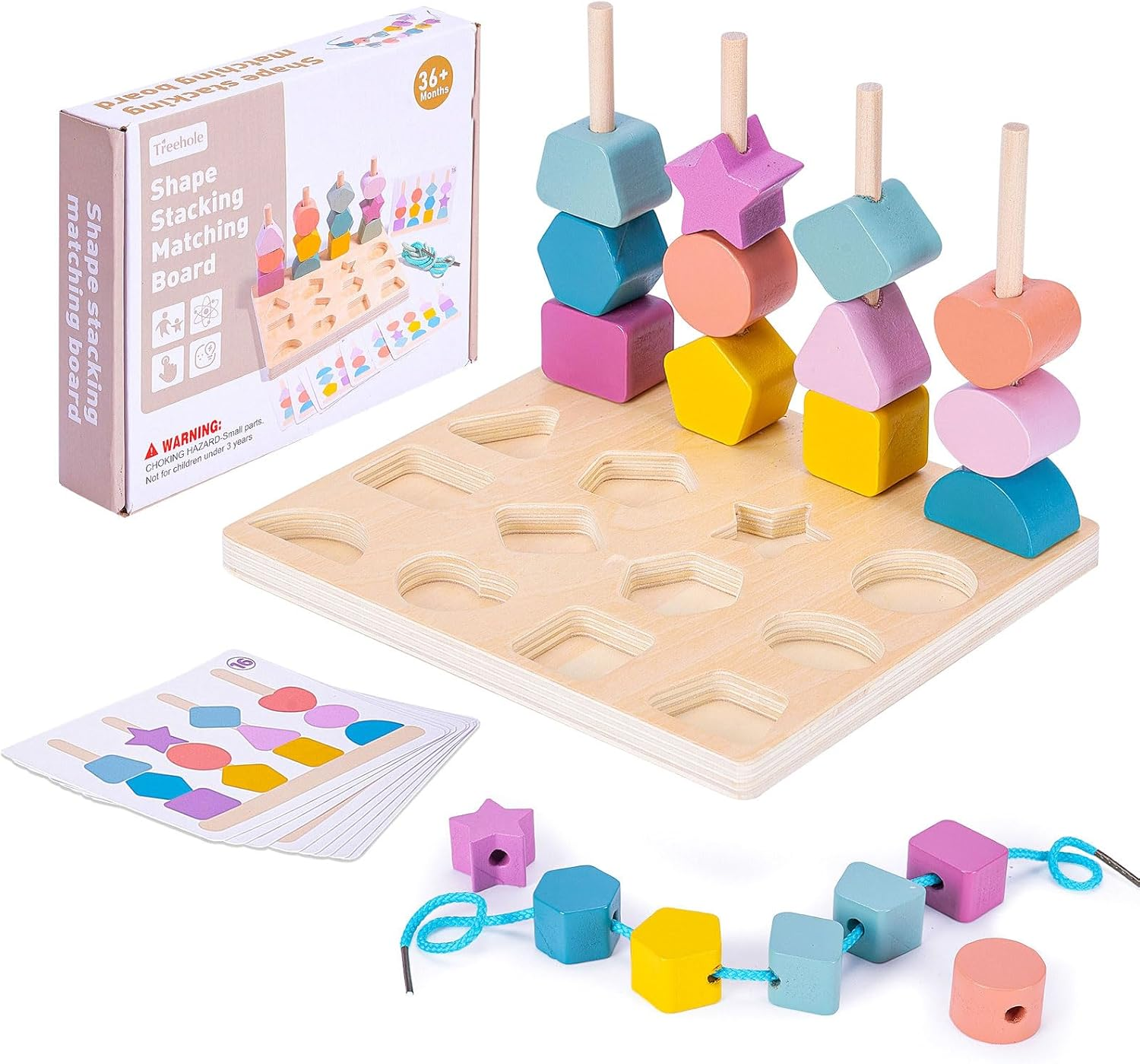 Montessori Wooden Beads Sequencing Toys, 3 in 1 Stacking Blocks & Lacing Beads & Matching Shape Stacker for 2 3 4 5 Year Old STEM Preschool Learning Montessori Toys Gifts for Kids Boy Girl Toddler image number 3