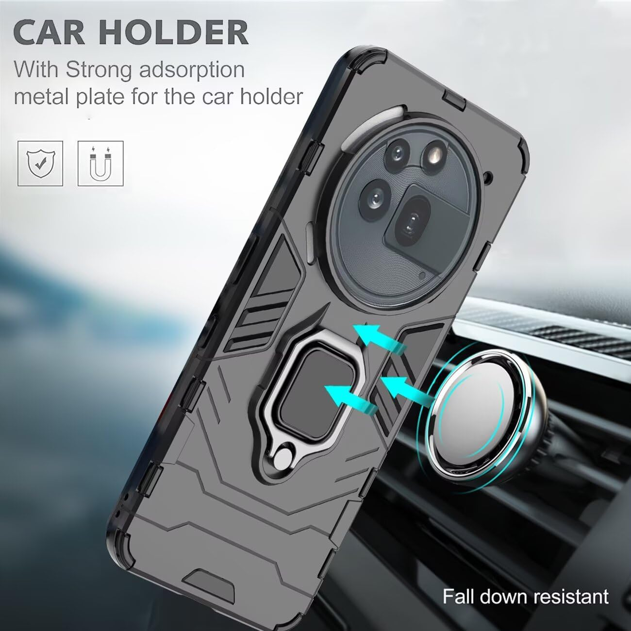 DERHAN Case for Nothing Phone 3A Pro, Armoured Case with Ring Holder + Protective Film [Pack of 2], Mobile Phone Cases Shockproof Protective Case, Mobile Phone Case with Stand - Black image number 5