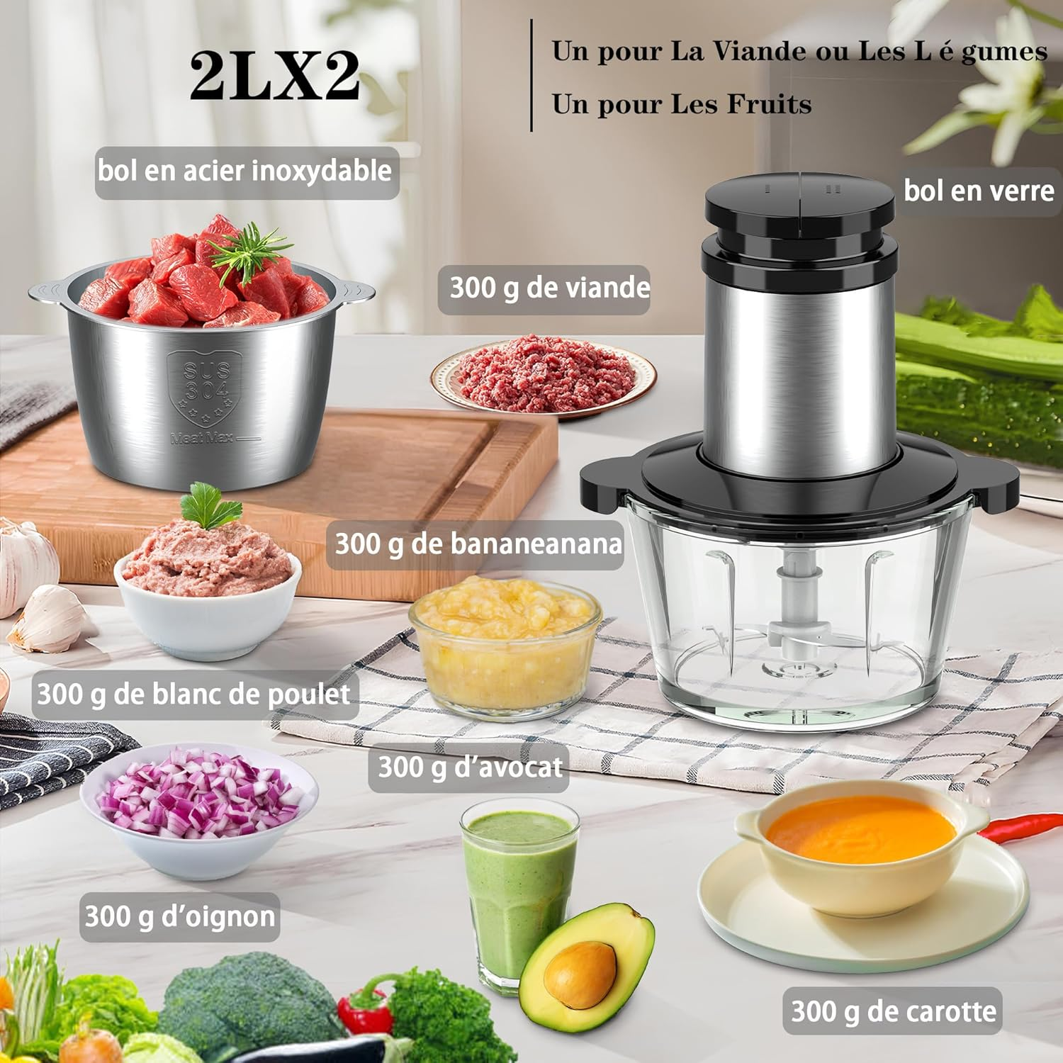 Becontrip Electric Kitchen Chopper [500W], Multi Chopper with 4 Stainless Steel Blades & 2L Double Bowl (Glass + Stainless Steel) - Food Processor for Baby Food, Meat, Vegetables, Onions (Copper Motor image number 1