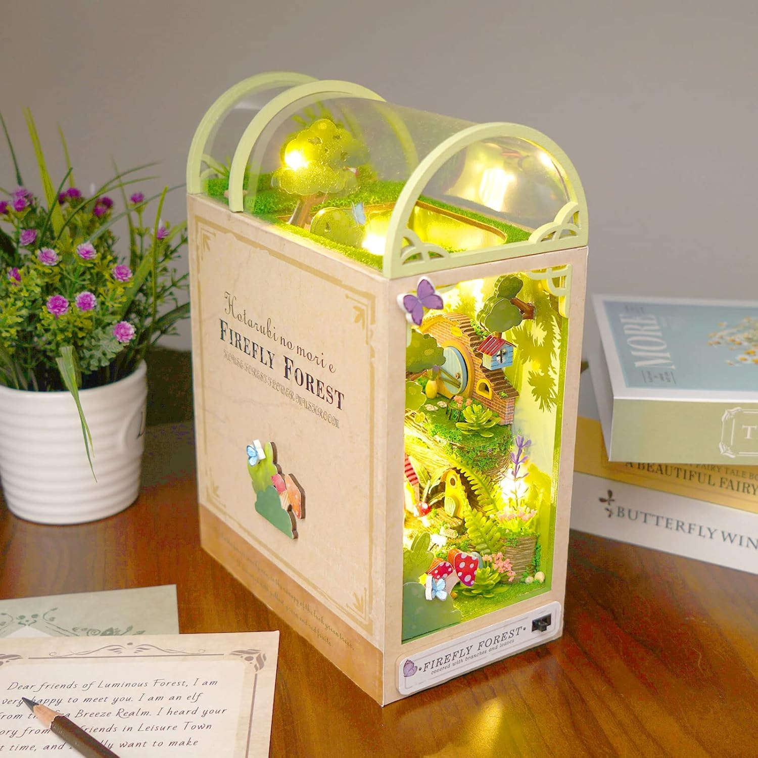 Cuteefun DIY Book Nook Kit, DIY Miniature House Kit with Furniture, 3D Puzzle Bookends, Booknook Bookshelf Insert Kits, Birthday Gift (Firefly Forest) - B Colmar Town image number 5