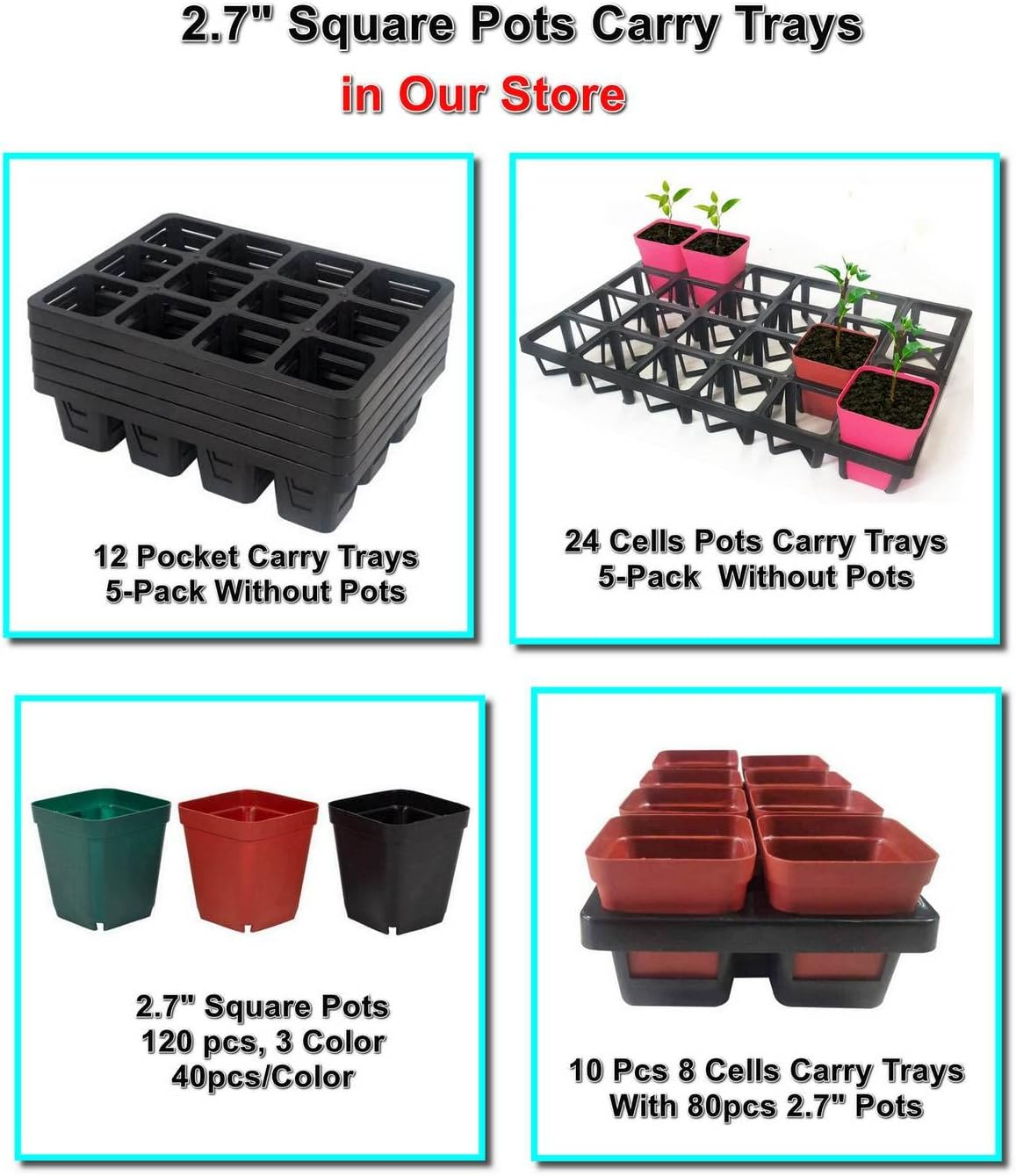 Grow-Green 5 Pack Flowerpot Moving Tray for Pots,24 Cell Plastic Containers for Moving POTS and Trays,Accompanying Square Nursery Pot Is Used for Indoor Gardening, Black (CT2407)