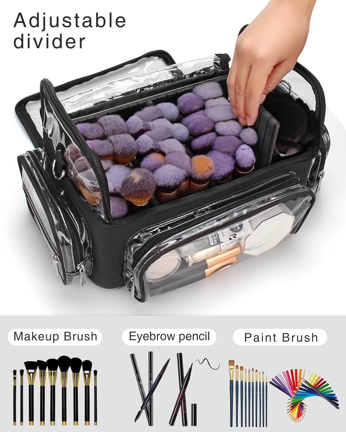 Relavel Makeup Brush Case - Extra Large, Professional Makeup Brush Holder Makeup Artist Travel Case Clear Waterproof Cosmetic Organizer Bag with Adjustable Strap and Dividers, Full Open Easy To image number 4
