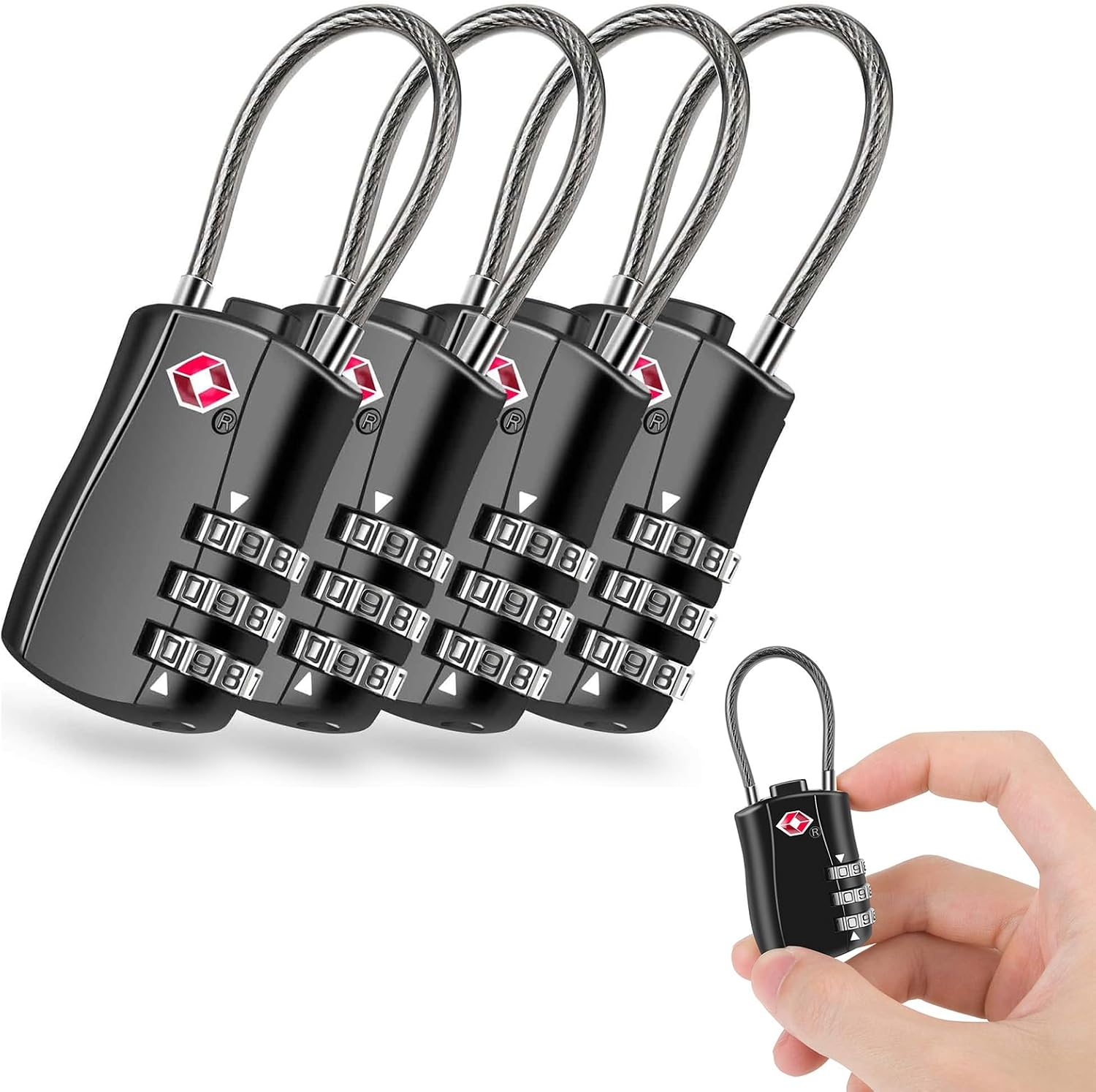 4 Pack TSA Approved Luggage Locks, Combination Travel Cable Lock, 3-Digit Waterproof Padlock with Alloy Body, Keyless Resettable Suitcase Locks for Travel, Lockers, Bags, Backpack, Gym (White