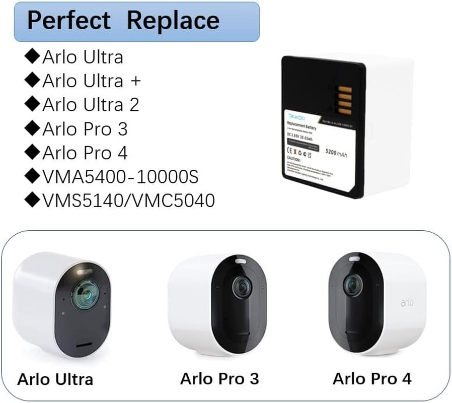 2-Pack Replacement Battery Compatible with Arlo Ultra Ultra 2 Arlo Pro 4 Pro 3 Arloultra+Vma5400-10000S VMC5040 PN A-4A 308-10069-01 3.85V/ 5200Mah image number 4