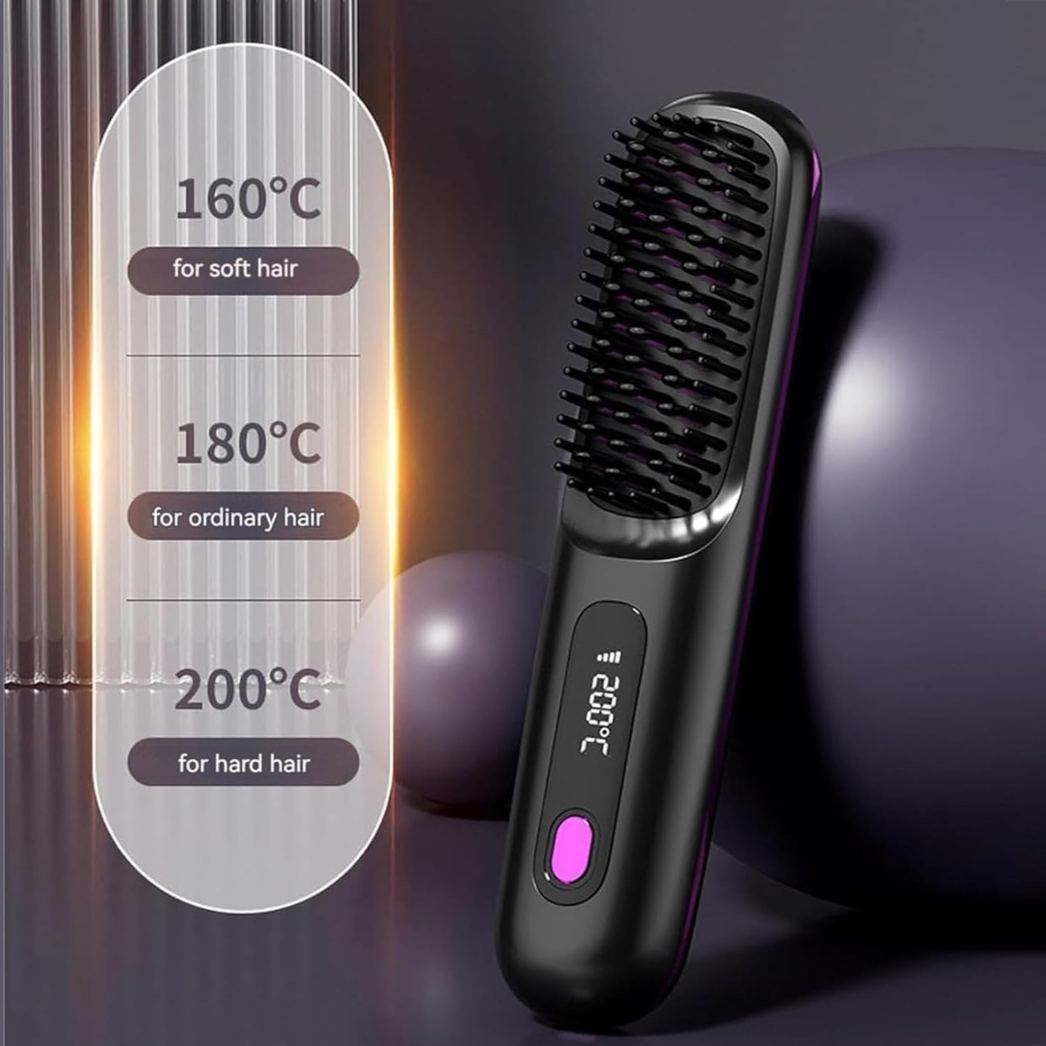 2025 New Cordless Hair Straightener Brush, 2 in 1 Portable Straightener Brush with LED Screen, Rechargeable Hair Heated Brushes for All Hair Type (Pink)