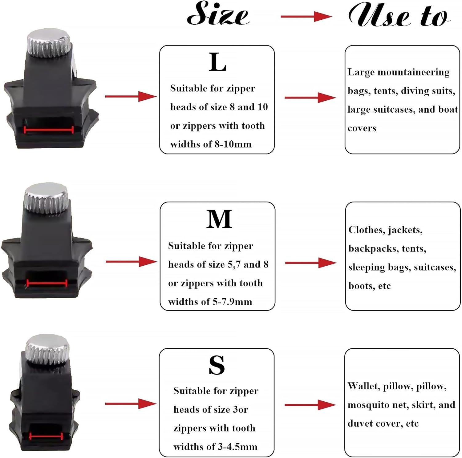 Faleior Zipper Repair Kit - 15Pcs Universal Zipper Fix Replacement with 3 Sizes (S/M/L), Heavy-Duty Stainless Steel Sliders for Jackets, Bags, Luggage & Backpacks image number 5