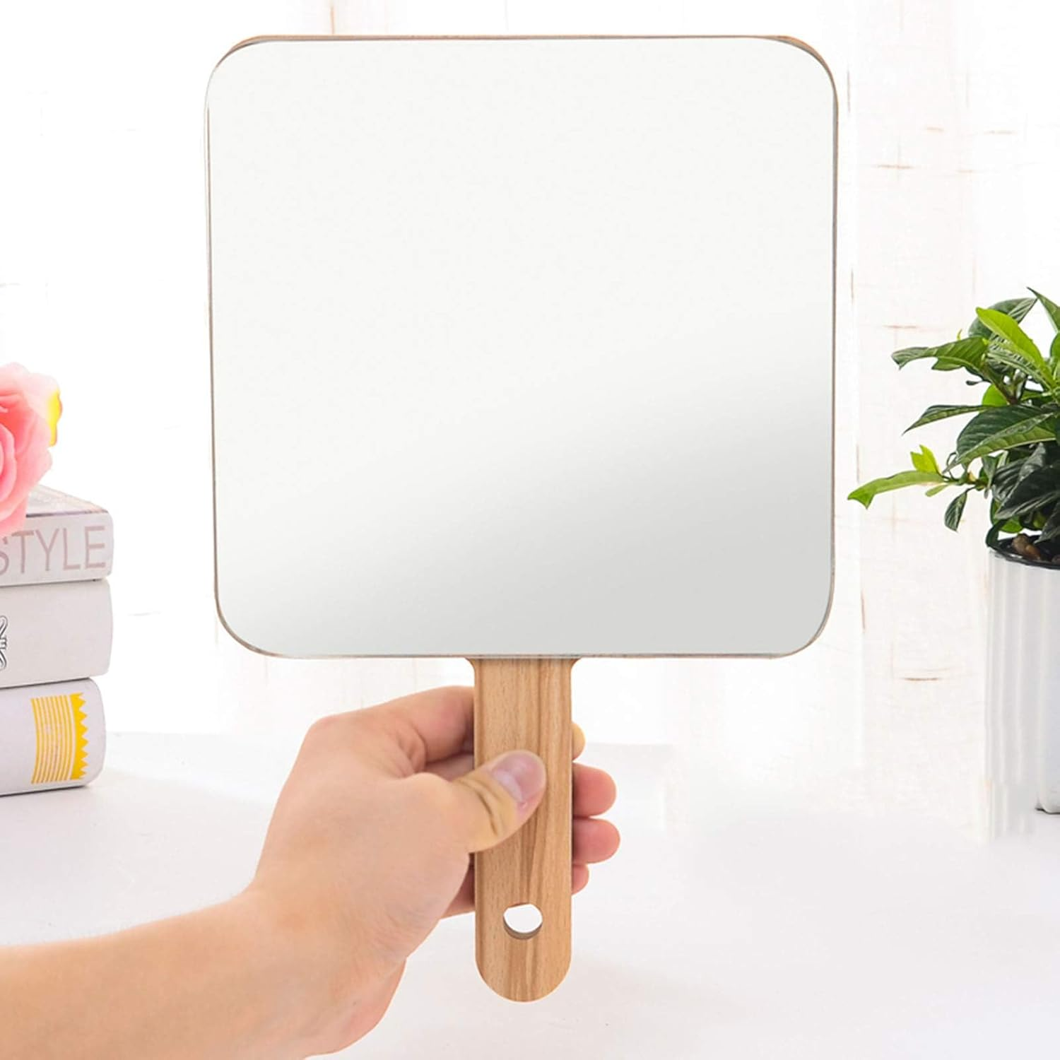 Handheld Travel Mirror with Handle, Dressing Table Mirror, Wood Handheld Plain Mirror, Square and Round, Cosmetic Salon Makeup Hand Mirror for Professional Barbers and Hairdressers,1919Cm
