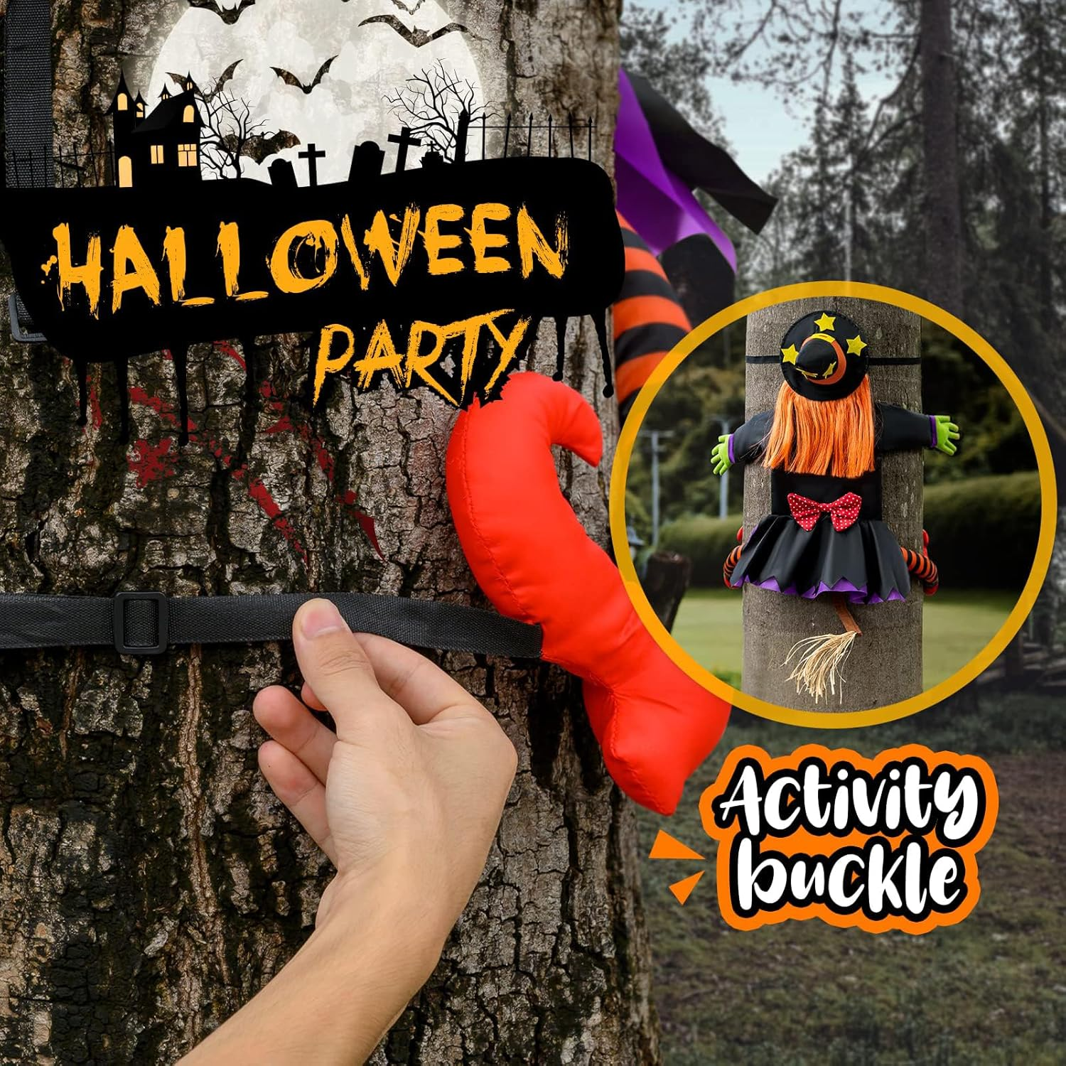 40Inch Crashing Witch Halloween Outdoor Decorations, Funny Witch Flying into Tree, Flying Witches with Adjustable Band, Hanging Props Ornaments for Yard, Porch, Patio Halloween Outdoor Decor image number 2