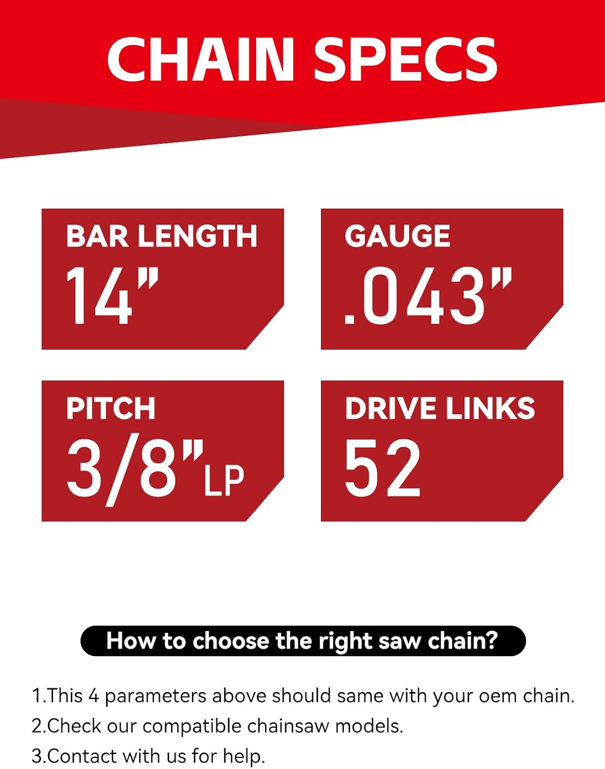 MRFARZ 14 Inch Chainsaw Chains 52 Drive Links 3/8" LP Pitch .043" Gauge Low-Kickback Semi-Chisel Replacement Saw Chains Fits 90PX52CQ,WG384,RY40502 and More-R52 (4 Chains) image number 1