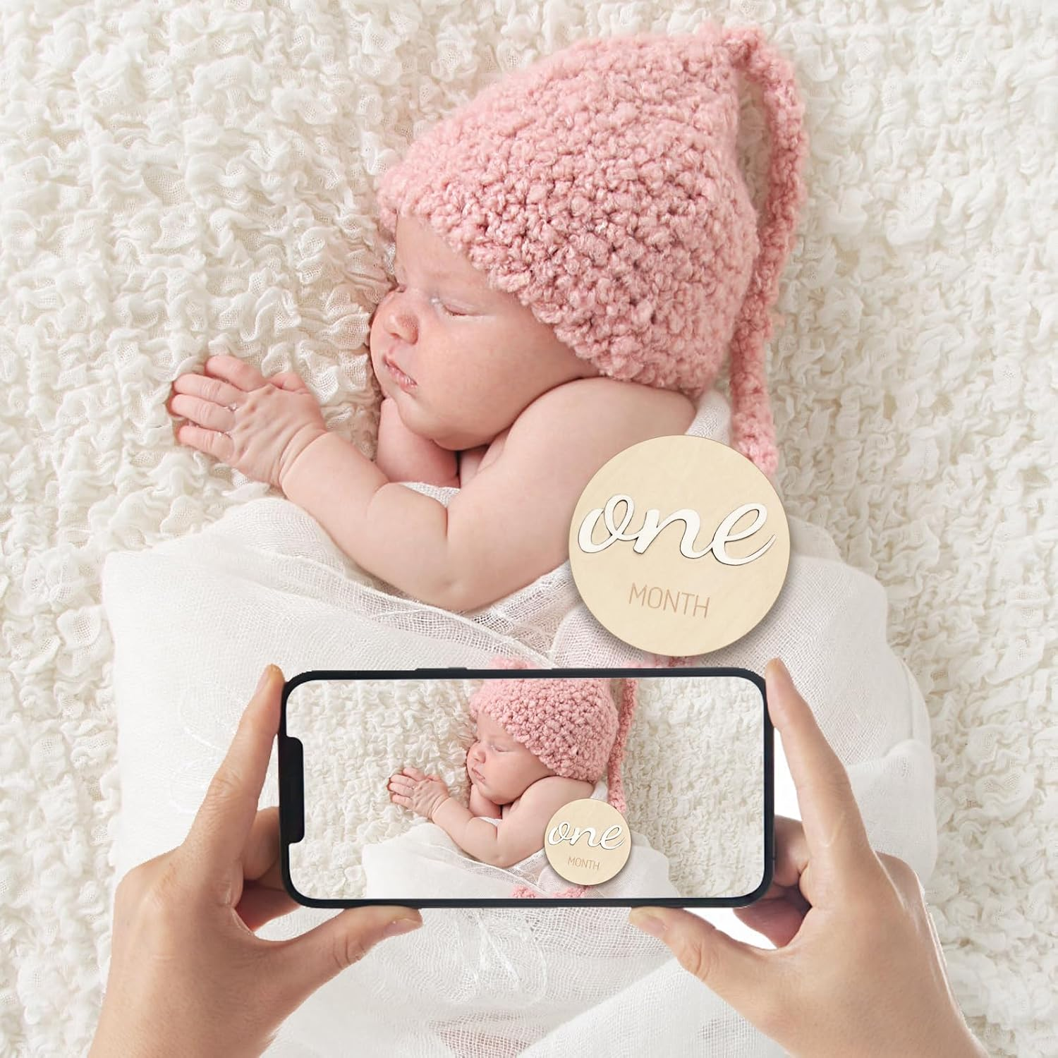 Baby Monthly Milestone Marker Discs - Wooden 3D Double-Sided Baby Announcement Sign, Gender Neutral Announcement Cards for Newborn Boys and Girls 1-12 Months Photography Props