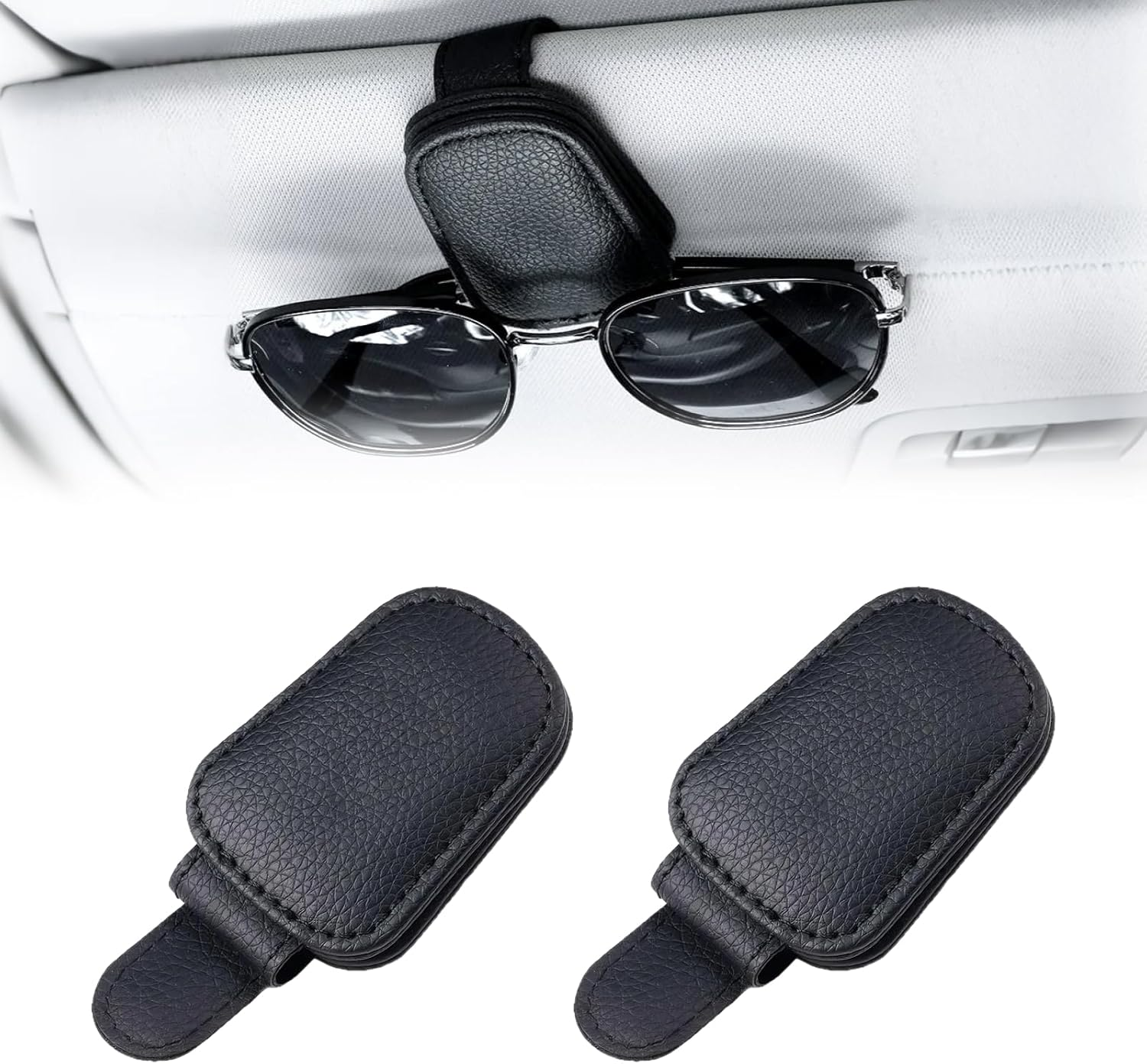 2 Pack Genuine Leather Sunglass Holders for Car Sun Visor, Premium Uv-Resistant Glasses Clip Accessory with Quick-Release Clip for Cars, Suvs, Trucks, Anti-Slip Eyewear Organizer (Black) image number 5
