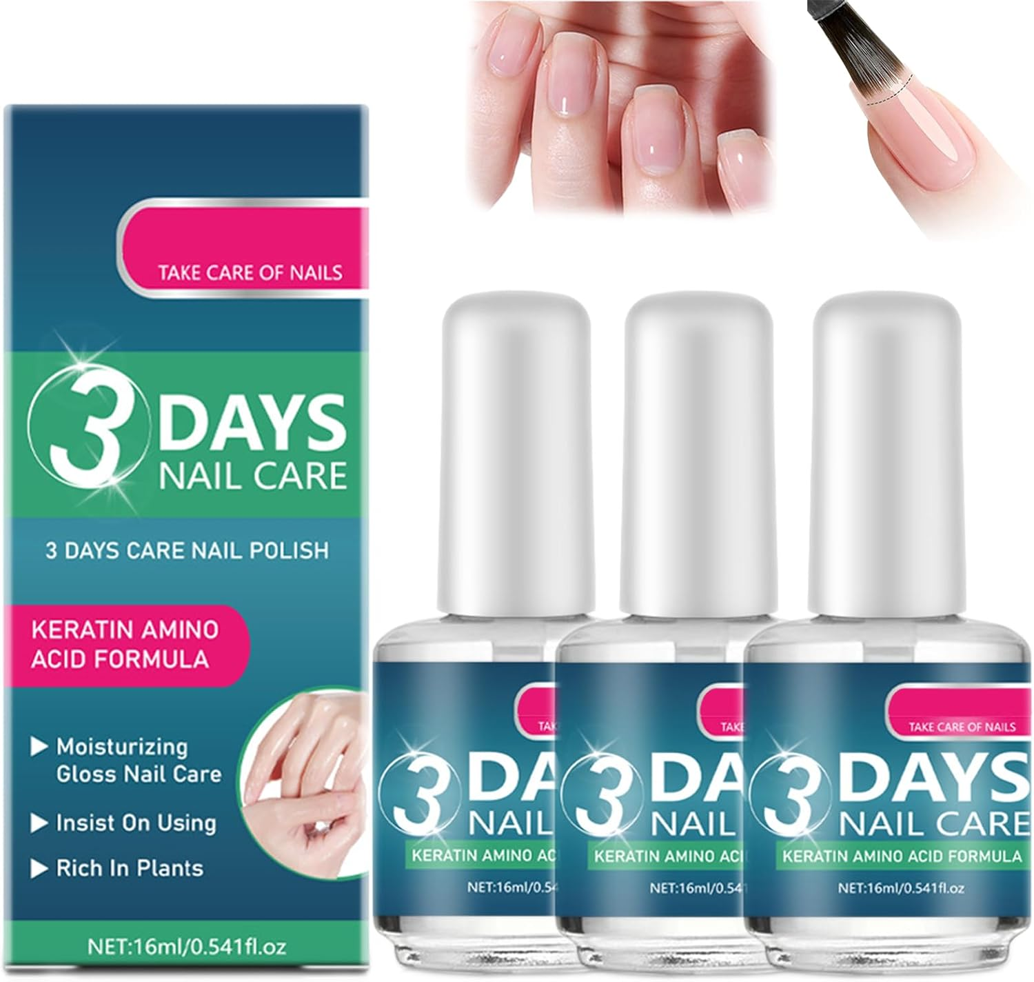 3 Days Nail Care,Keratin Amino Acid Formula Nail Strengthener for Weak & Damaged Nails,16Ml Growth Serum & Clear Polish Treatment Promotes Strength and Flexibility (2PCS)