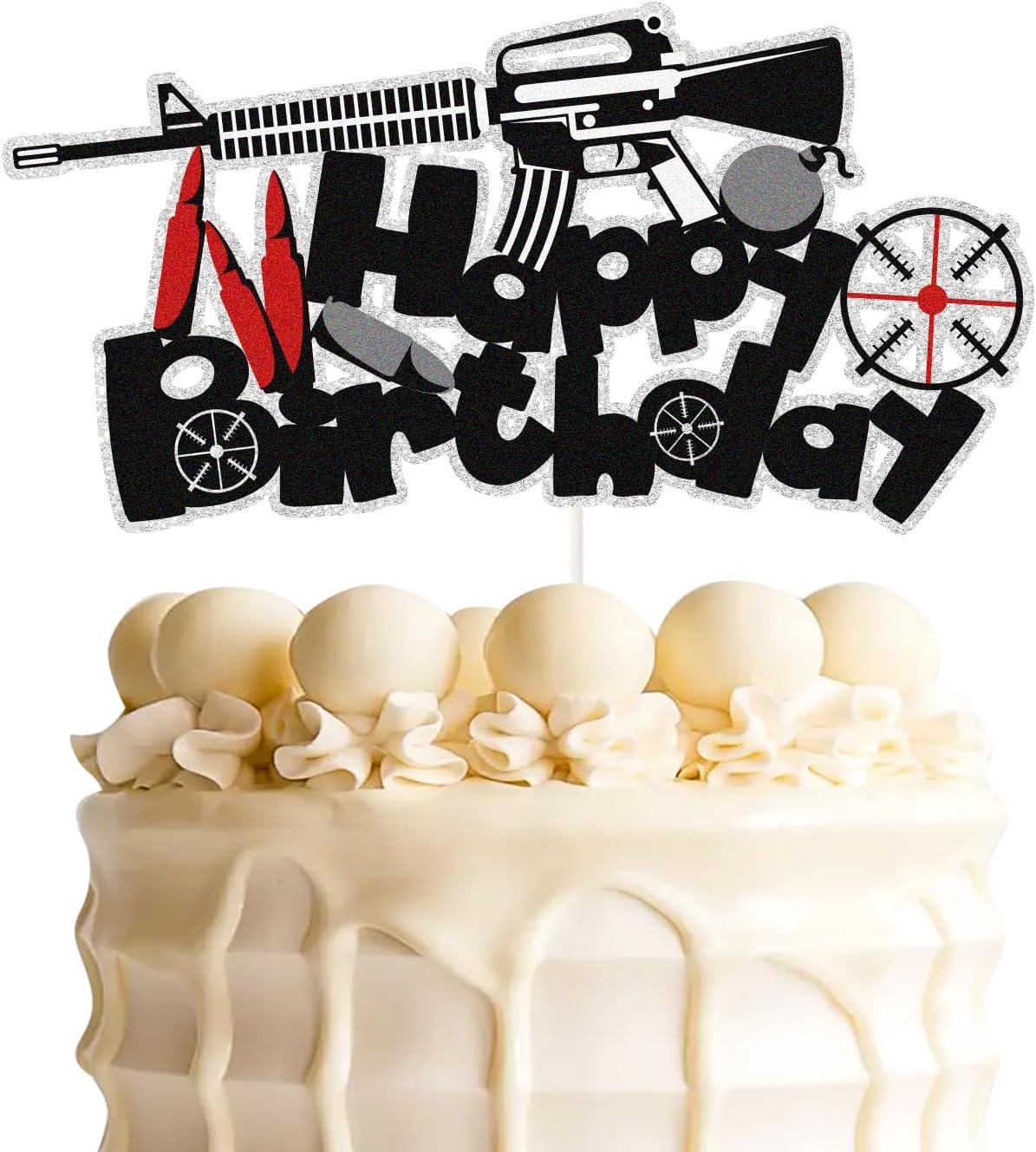 Glitter Gun Happy Birthday Cake Topper,Bullet Target Birthday Cake Decor Target Shooting Enthusiast Party Decoarions image number 2