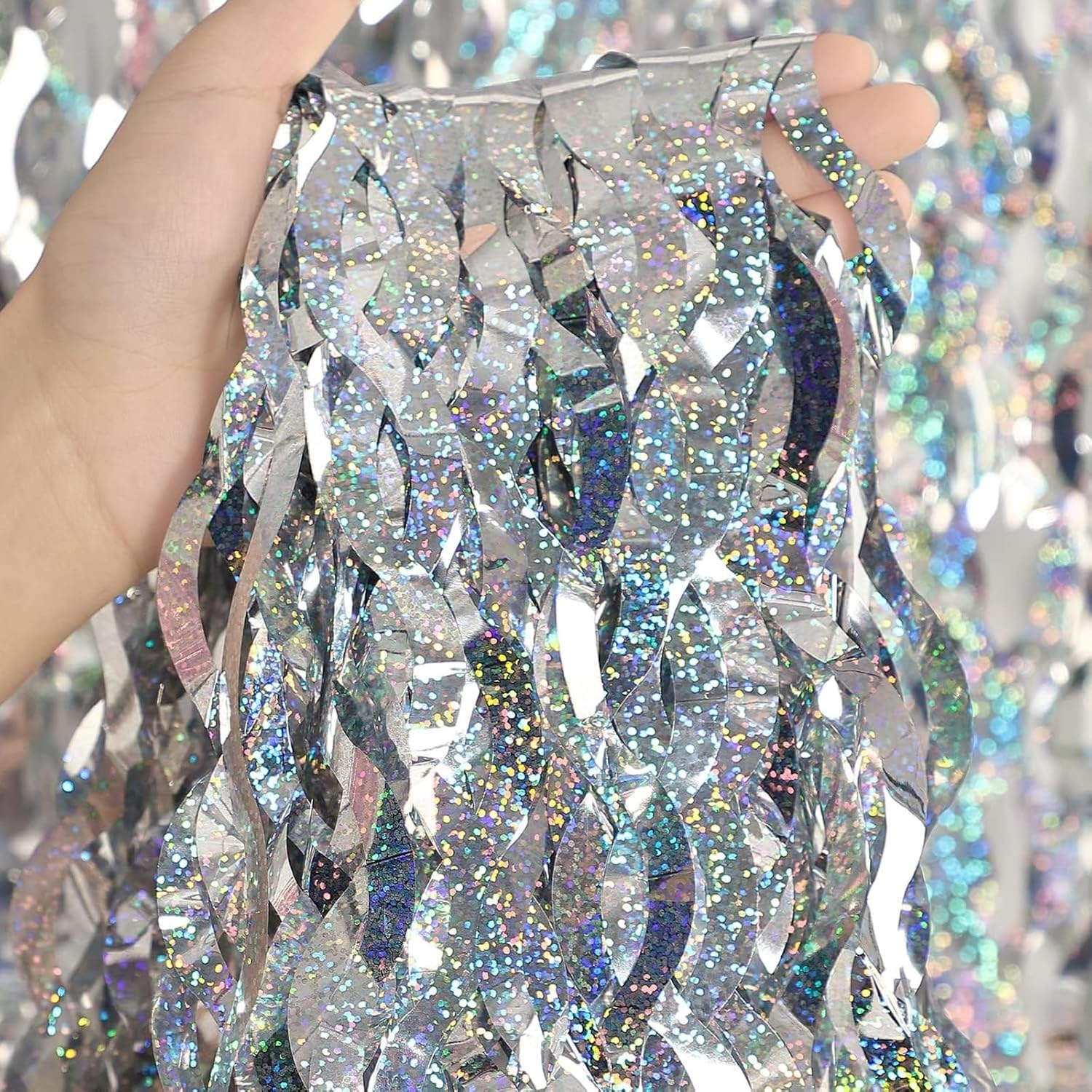 3 Pack PET Fringe Curtains Backdrop - 3.3X6.6Ft Metallic Tinsel Photo Booth Decor for Birthday, Wedding, Baby Shower, Graduation & Bachelorette Party Decorations (Silver) image number 6