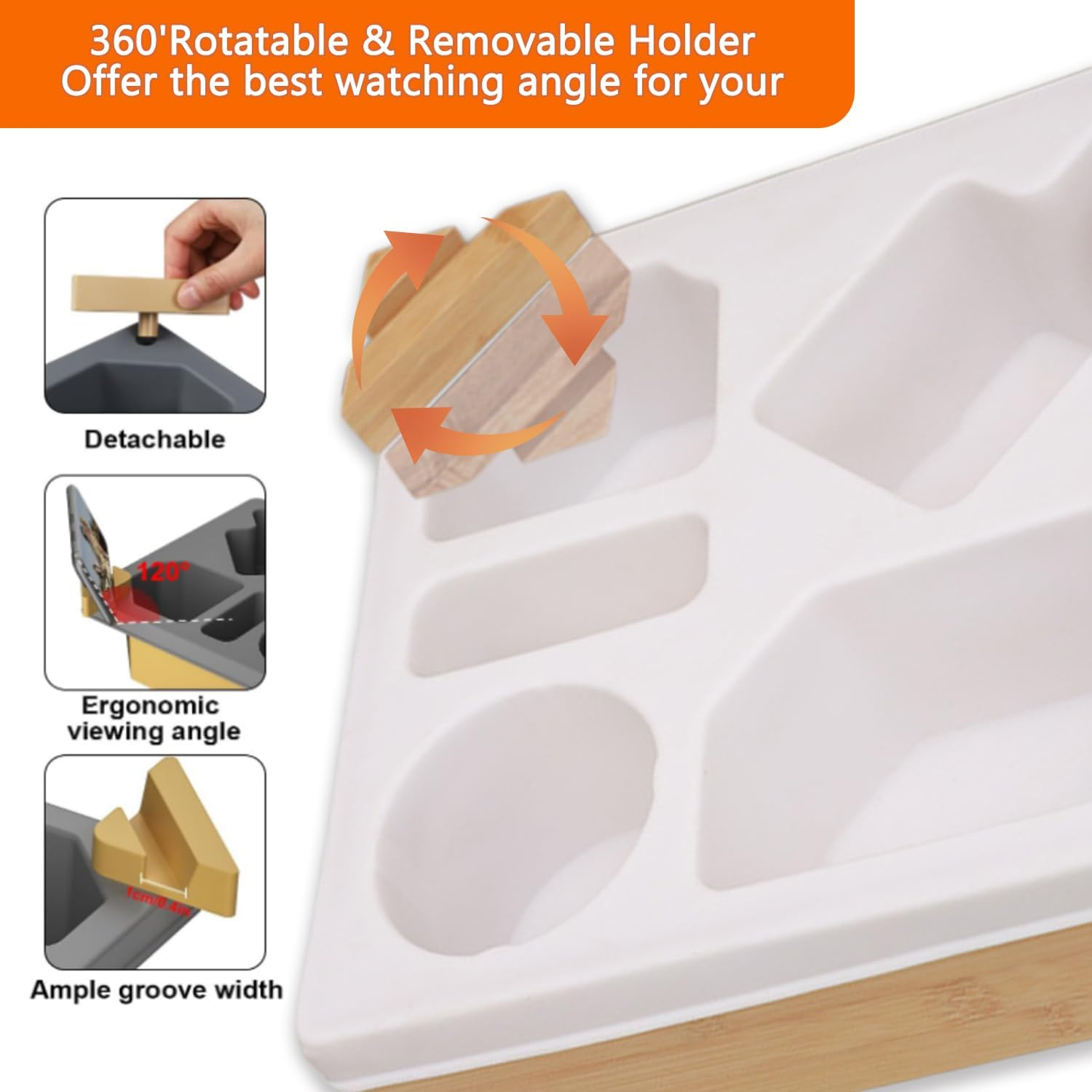 Uandhome Couch Cup Holder Tray,Handy Silicone Bamboo Couch Caddy with Rotatable Phone Holder for Bed Car Seat Organizer, Waterproof Anti-Spill Sofa Cup Holder for Snacks Beverage Remote(White) image number 4