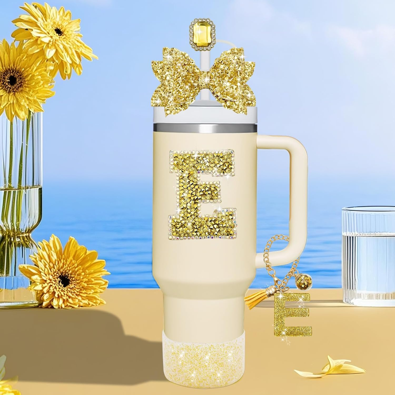 7PCS Bling Stanley Cup Accessories for 30Oz & 40Oz Tumbler with Handle,Including Initials Charms,Straw Bow Decorate,Straw Topper Cover,Boot,Spill Proof Stoppers,Initials Sticker (Gold E) - Gold C image number 3