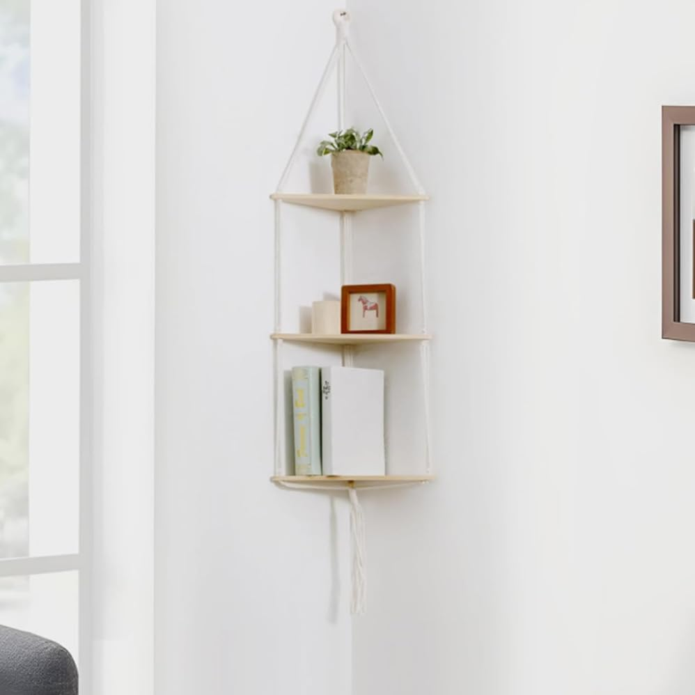 White Corner Floating Shelves Wall Hanging,3 Tier Corner Shelf Plant Wall Decor Boho Rustic Wooden Storage Orgnizer for Bedroom Living Room Pots Photos image number 3