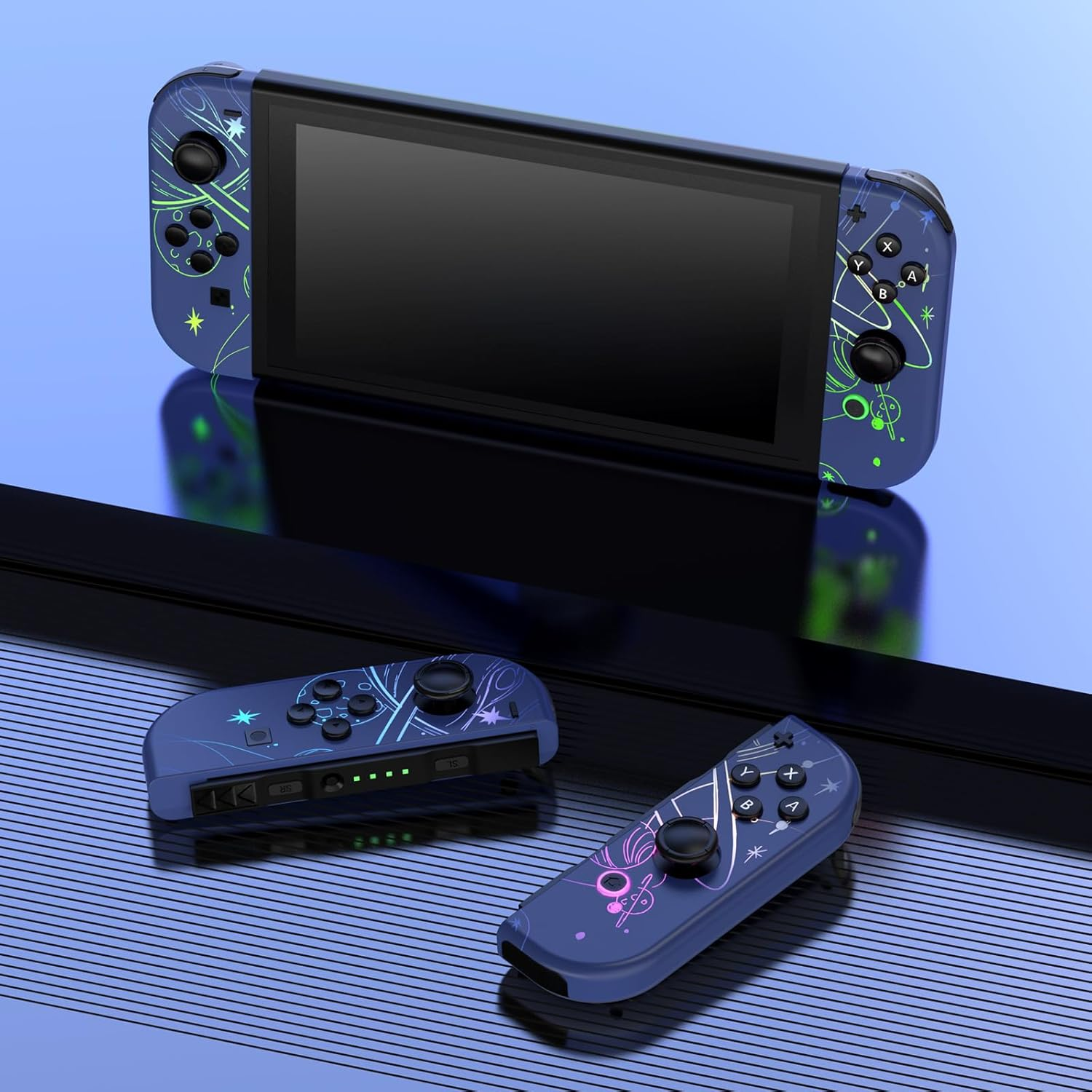 Lungdongquest Wireless Controller Compatible with Switch Oled/Lite, Joypad Replacement for NS Console, Switch Controller with 7 Colors RGB Light Effect（Blue1)