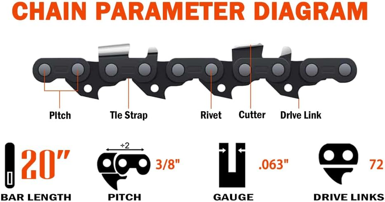 ABOVE LAND LB 3Pcs 20 Inch Bar Length Chainsaw Chain 3/8" Pitch 0.063" Gauge 72 Drive Links Semi Chisel Compartible for 20" Stihl 031 032 034 038 039 040 041 042 MS290 MS310 FARM BOSS MS360 MS361C