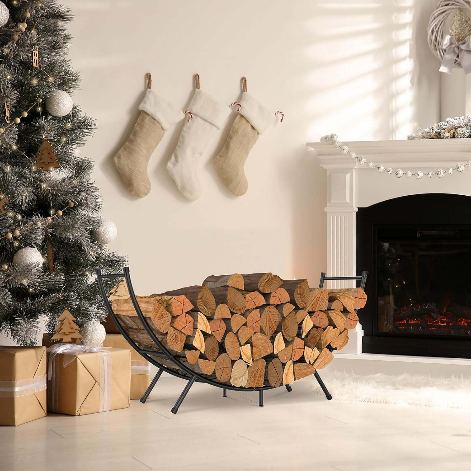 NANANARDOSO Curved Firewood Rack，48 Inches Powder-Coated Metal Fireplace Log Holder for Firewood Storage，Ideal for Indoor and Outdoor Fireplaces Wood Storage image number 5