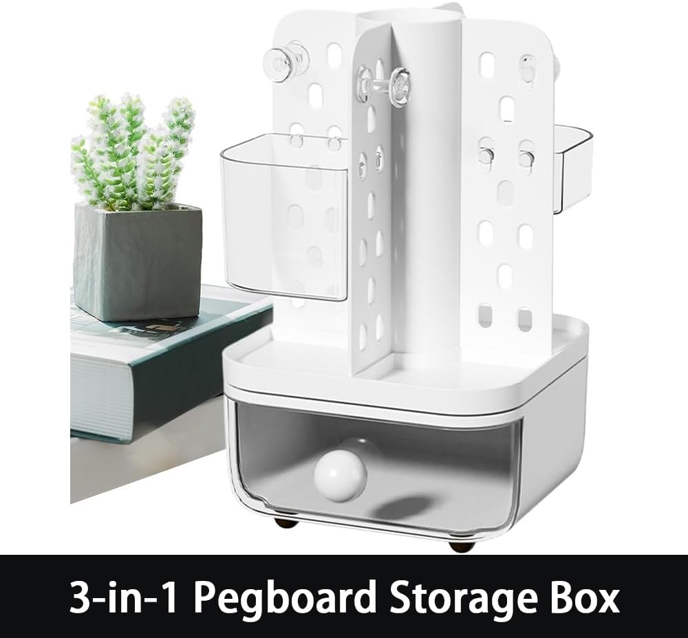 Ranqisys Rotating Desktop Organizer with Drawers &ndash; Large-Capacity Multifunctional Storage Box with Pegboard, Desk Organizer for Stationery, Markers, Brushes, Scissors, Lipsticks & Jewelry image number 6
