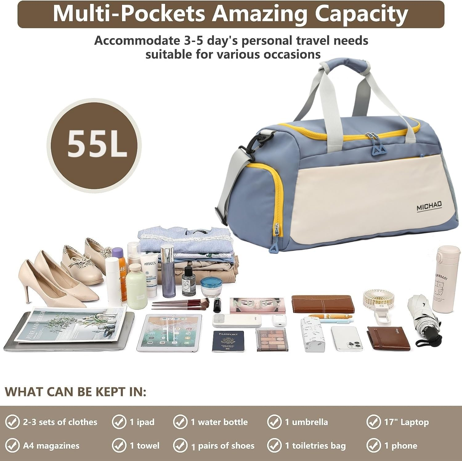 Gym Bag for Women Men,Waterproof Travel Duffle Carry on Shoulder Weekender Overnight Bag with Shoe Compartment & Wet Pocket, Tote Travel, Workout, Sport.Blue