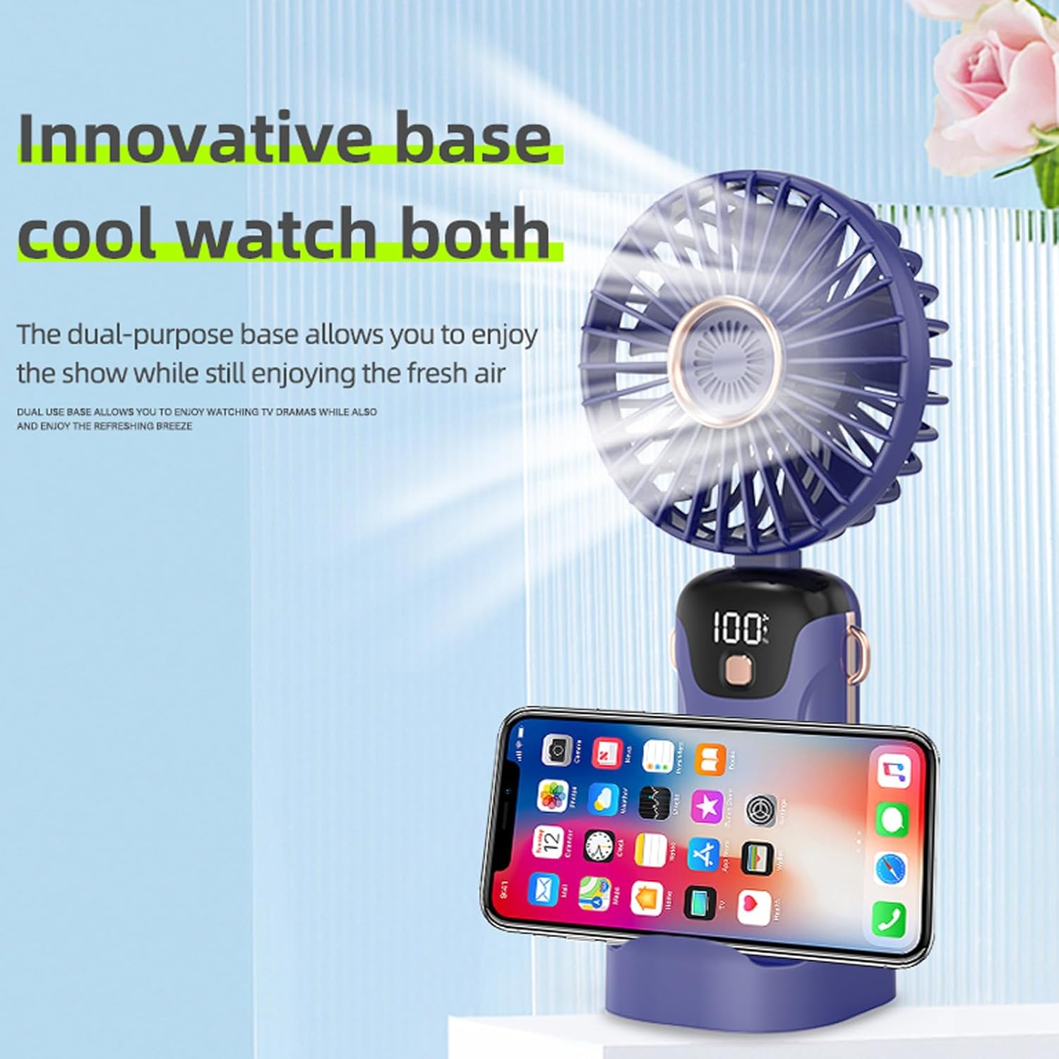 Handheld Fan, Portable Fan, USB Rechargeable Personal Fan, 90&deg; Foldable Mini Desk Fan, 5 Wind Speeds, LED Digital Display, Lanyard Can Be Used as Neck Fan Suitable for Office/Travel/Outdoor Use （Bule） image number 4