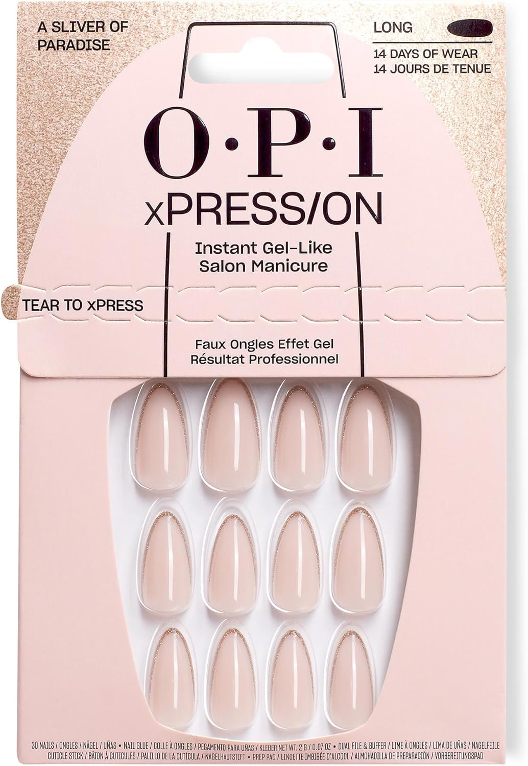 OPI Xpress/On Press on Nails, up to 14 Days of Wear, Gel-Like Salon Manicure, Reusable, Vegan, Sustainable Packaging, with Nail Glue, a Sliver of Paradise image number 1