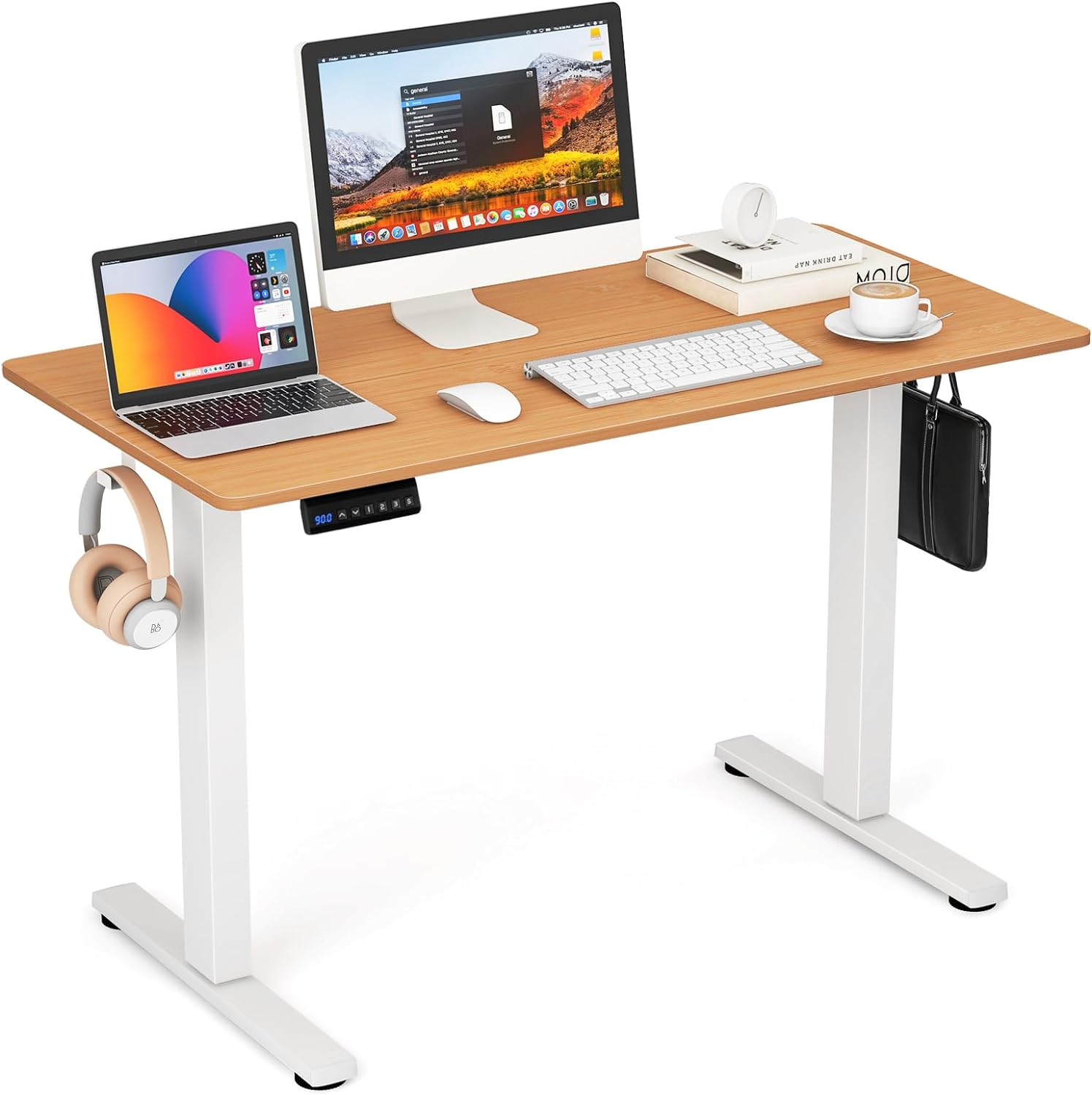 Giantex Electric Standing Desk, 140 X 60 Cm Sit Stand Home Office Desk with 3 Memory Height Settings, Height Adjustable Computer Desk with 2 Hanging Hooks & Cable Management (White)