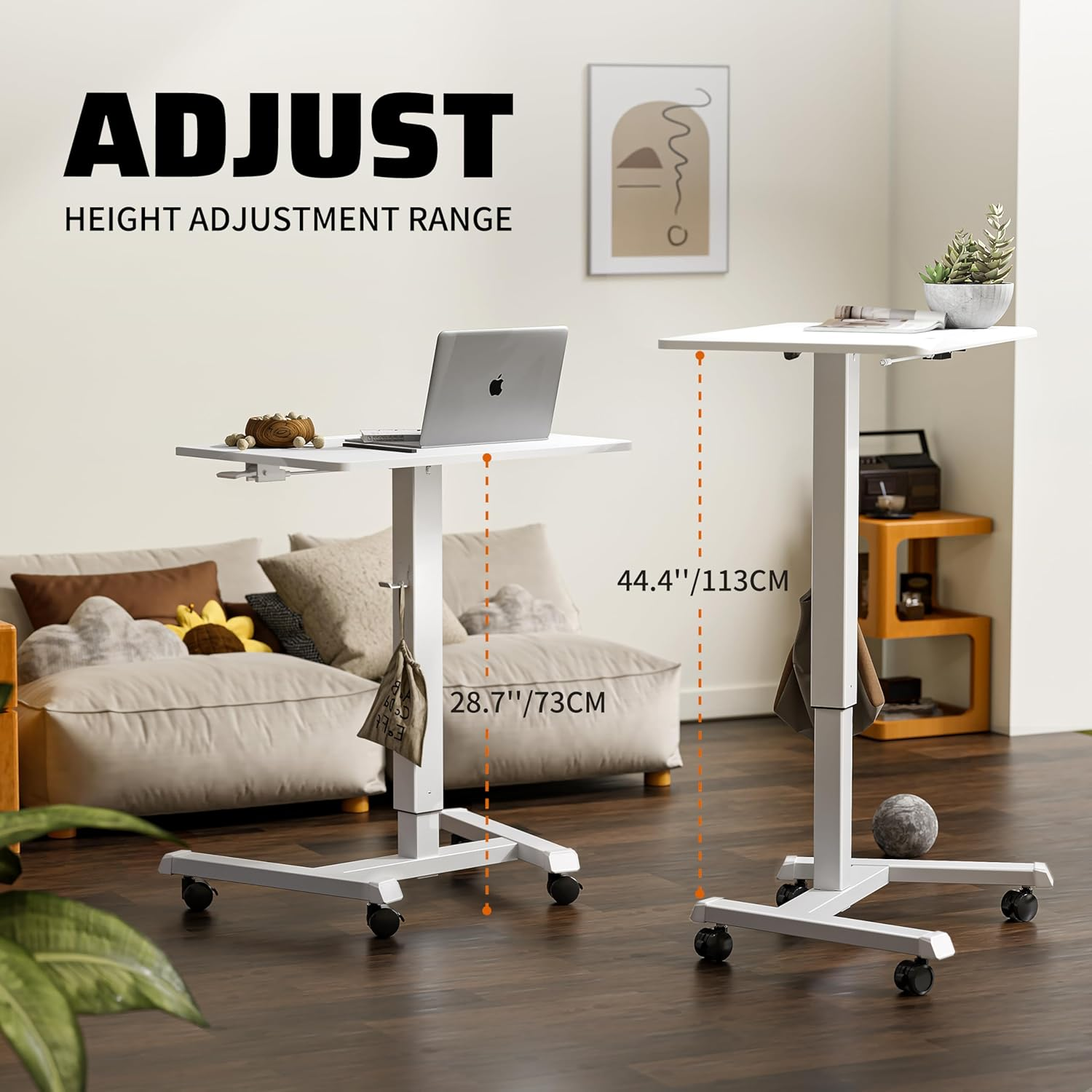 ERGOMAKER Mobile Standing Desk Pneumatic Adjustable Height 25.6 X 17.7 Inch Mobile Desk Adjustable Height on Wheels，Sit Stand up Desk Home Office Computer Desk, White + Single - White image number 1